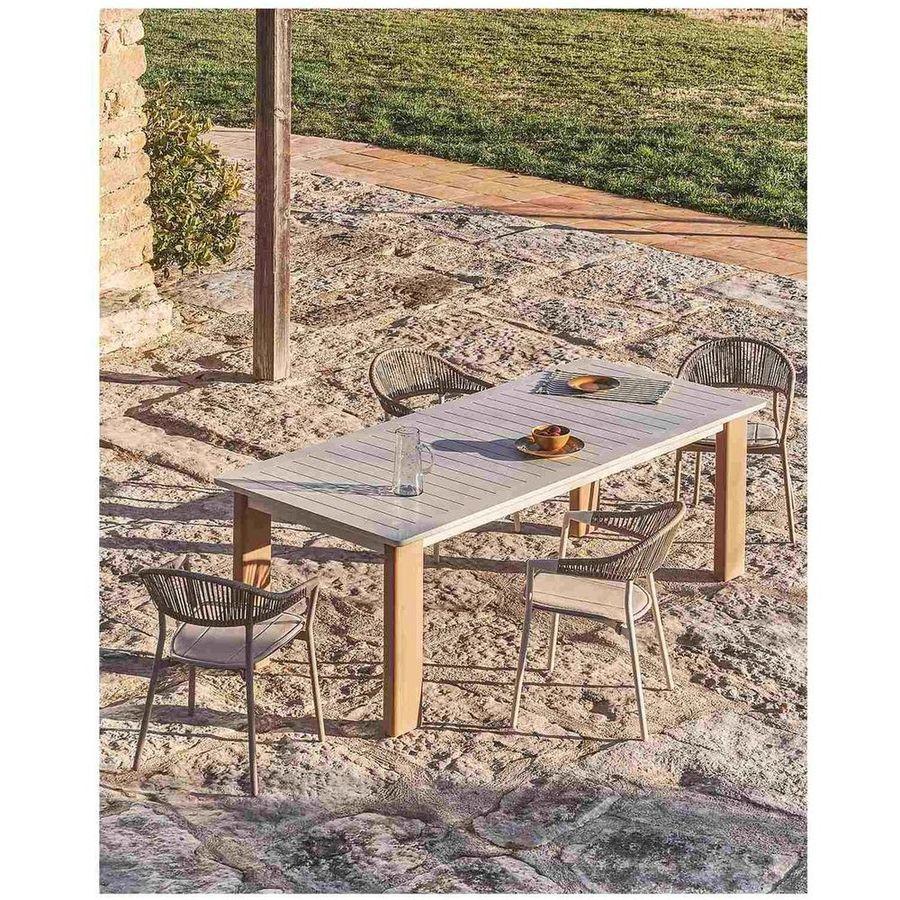 Set Ausziehtisch Livorno aus Aluminium in Ecru Beine in Holzoptik 6 Stühle Alimia aus Aluminium in Ecru und Synthetikseil Beige 233-350x100