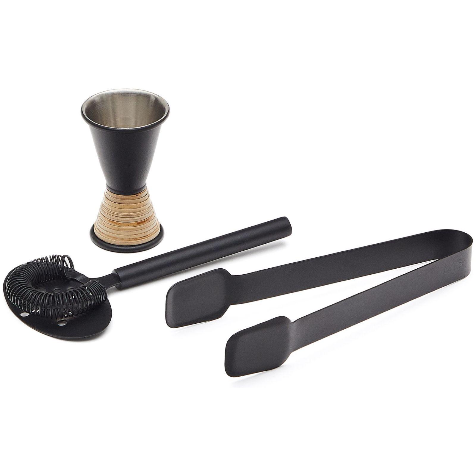 Cocktailzubehör Set Shai aus Edelstahl in Schwarz und Rattan
