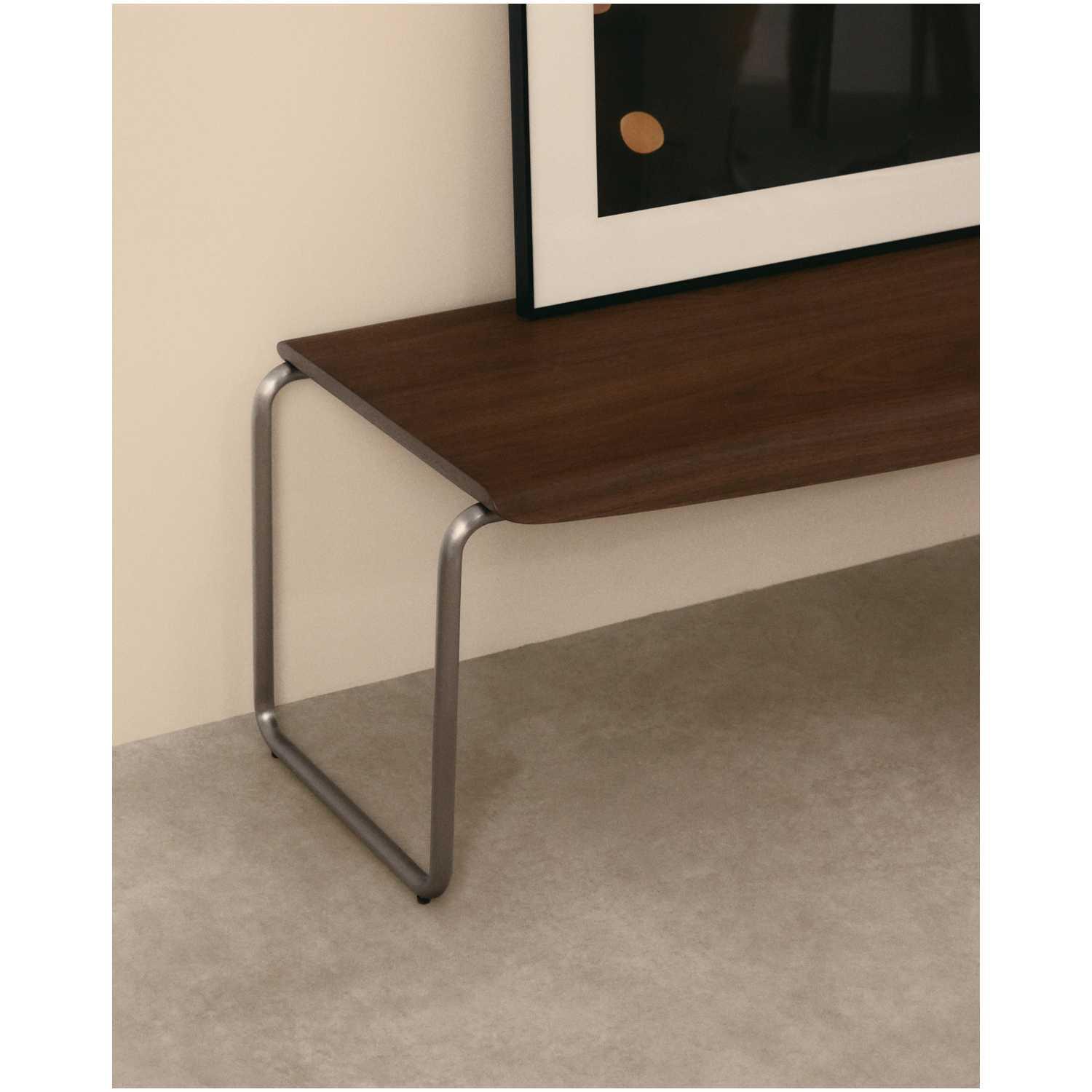 Holzbank Couchtisch Tarsel Nussbaumfurnier FSC 100% Gestell Edelstahl gebürstet 142cm