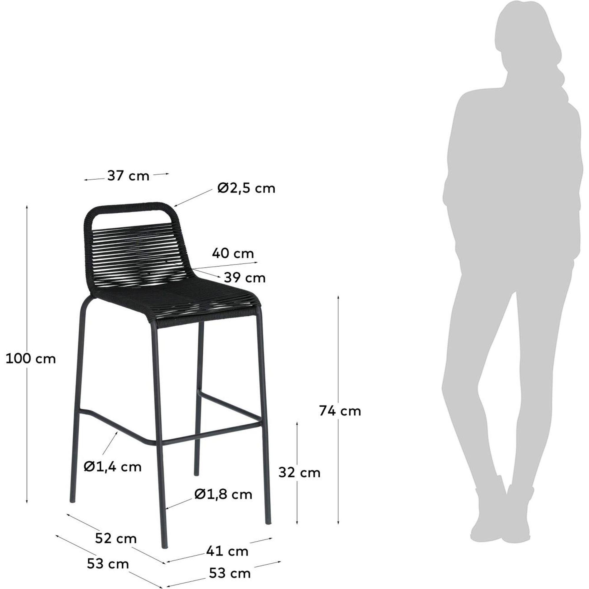 Barhocker Outdoor Garten Lambton aus schwarzem Seil und Stahl mit schwarzem Finish Höhe 74 cm