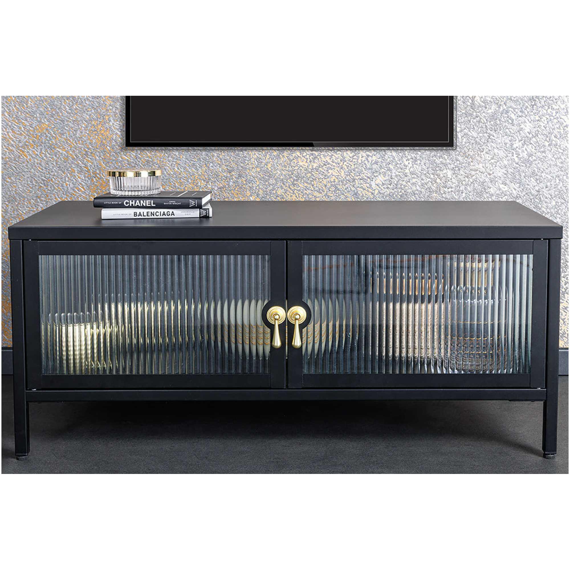 Standvitrine Lowboard London Metall schwarz geriffeltes Glas 90