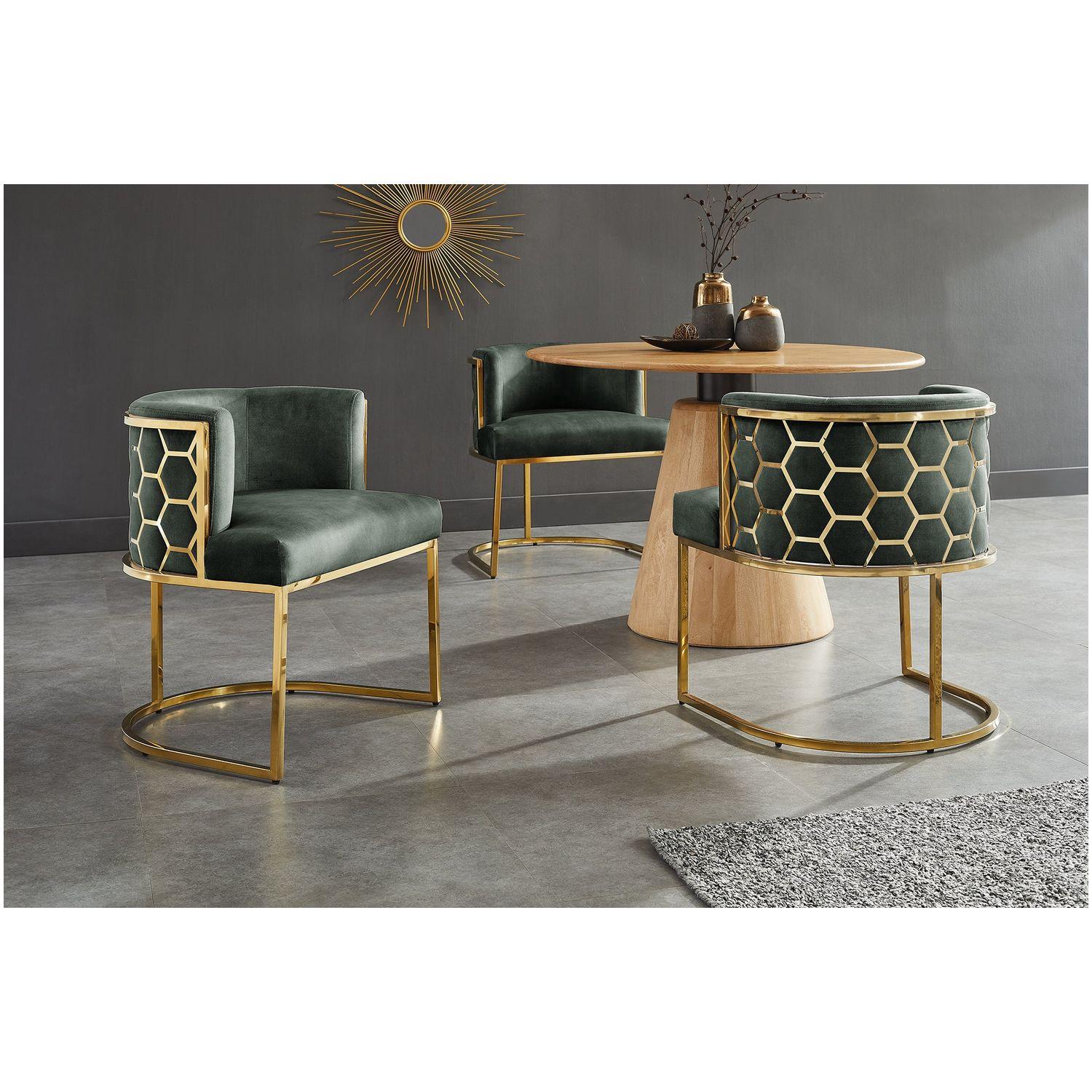 Design Armlehnstuhl Monaco Samt Stoff grün Edelstahl gold