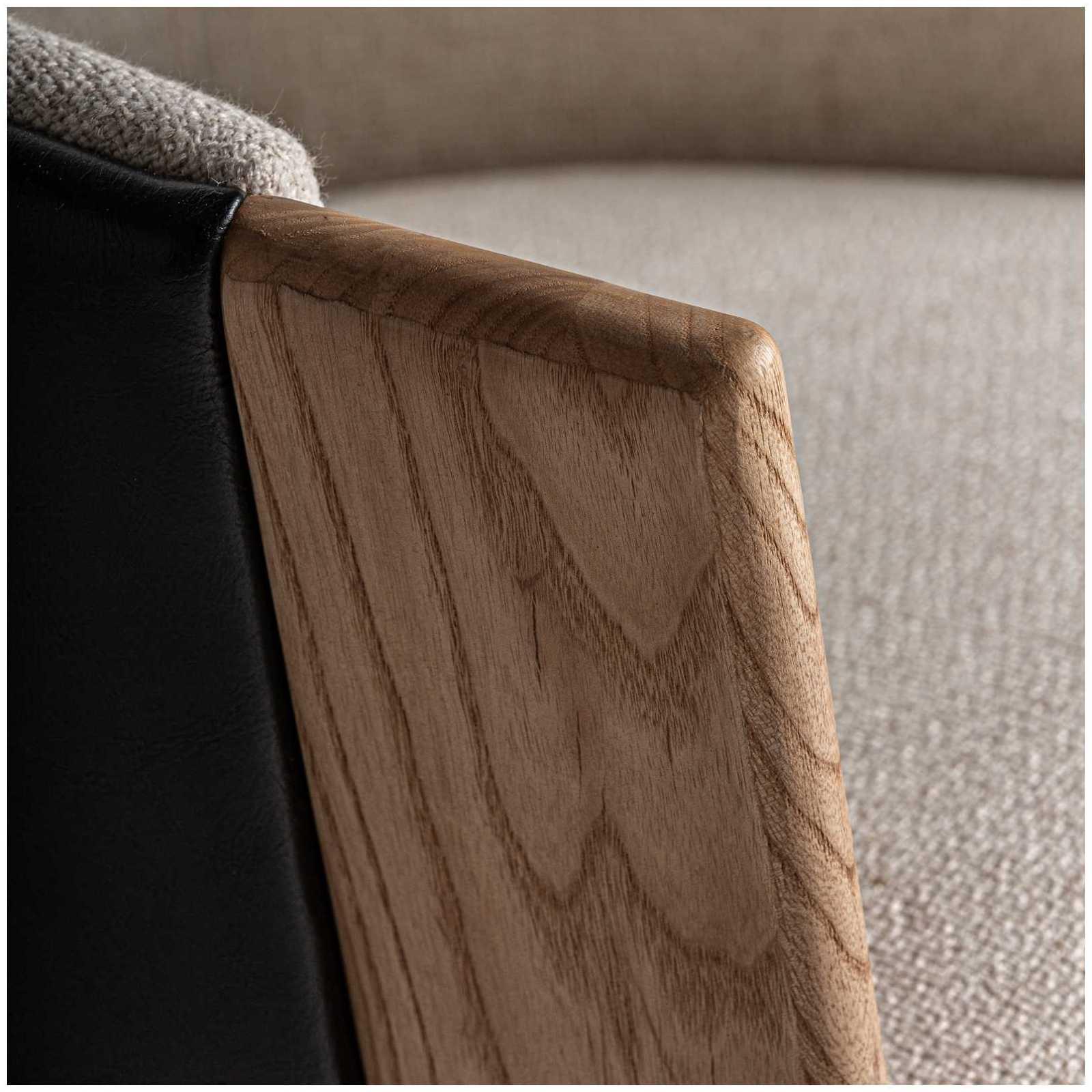Design Holzstuhl mit Armlehne rund Nara Stoff beige Echtleder Eichenholz natur