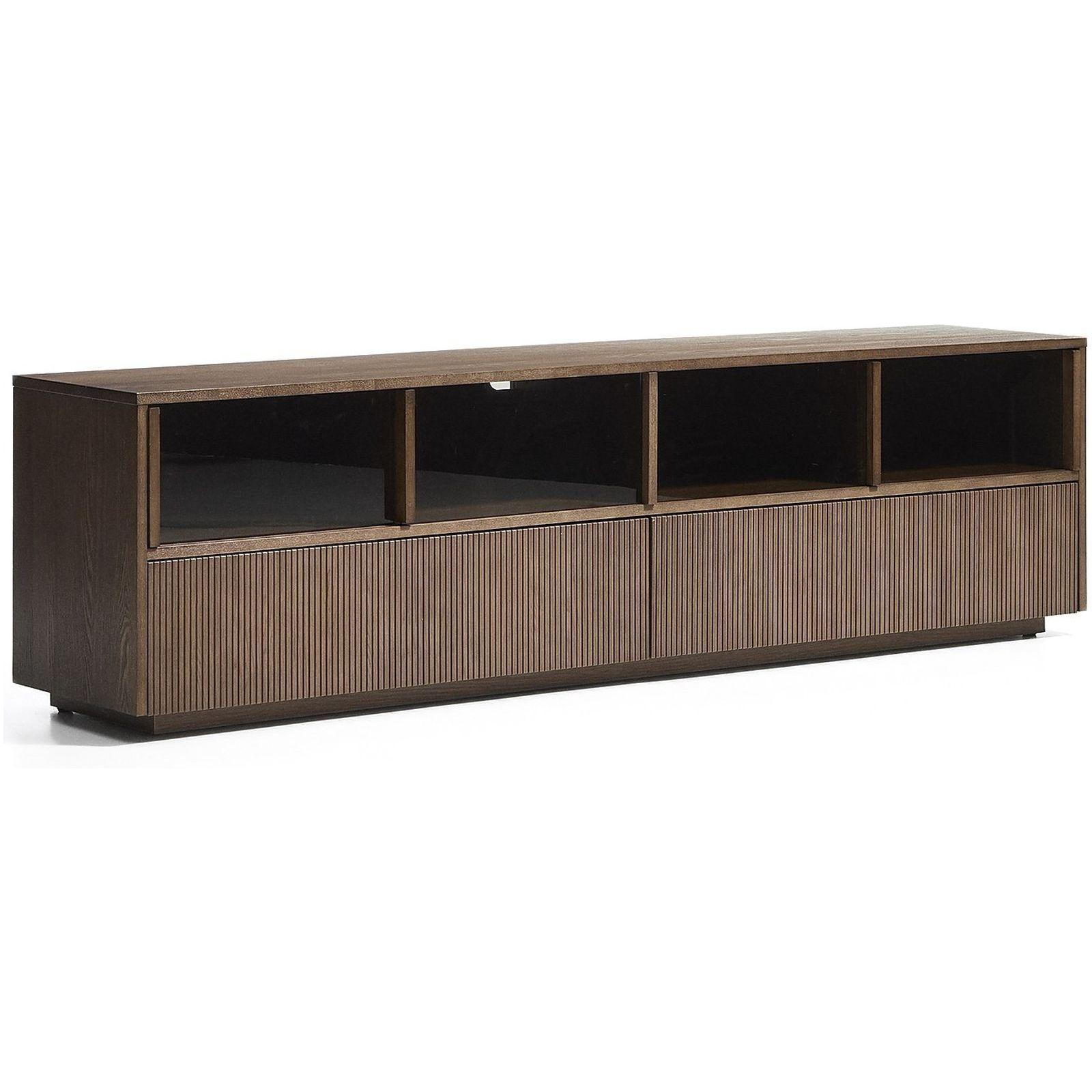 Helvine TV-Möbel 4 Türen und 2 Schubladen Eschenholzfurnier dunkles Nussbaum-Finish und gehärtetem Glas 200x54 FSC 100%