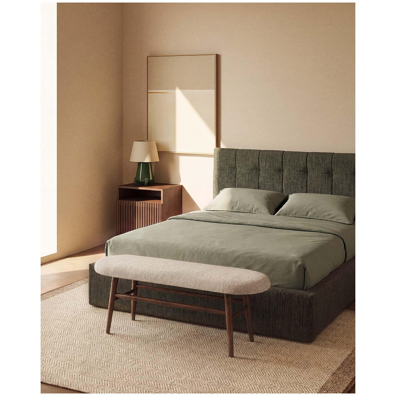Bank Helda in beiger Chenille und massivem Eichenholz mit Nussbaumfinish FSC Mix Credit 122