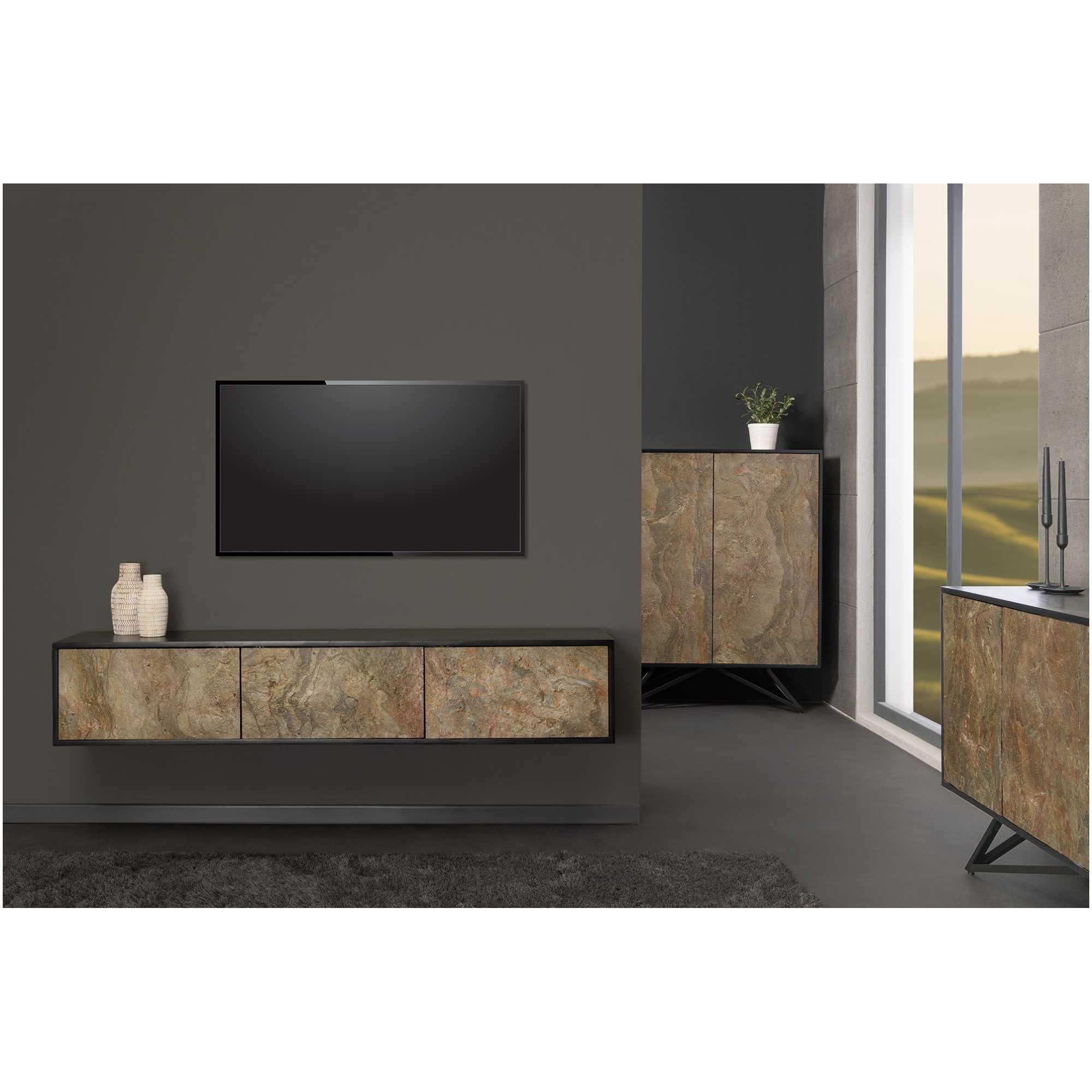 TV Wandboard Möbel Stone Natursteinfurnier natur Akazienholz schwarz 160