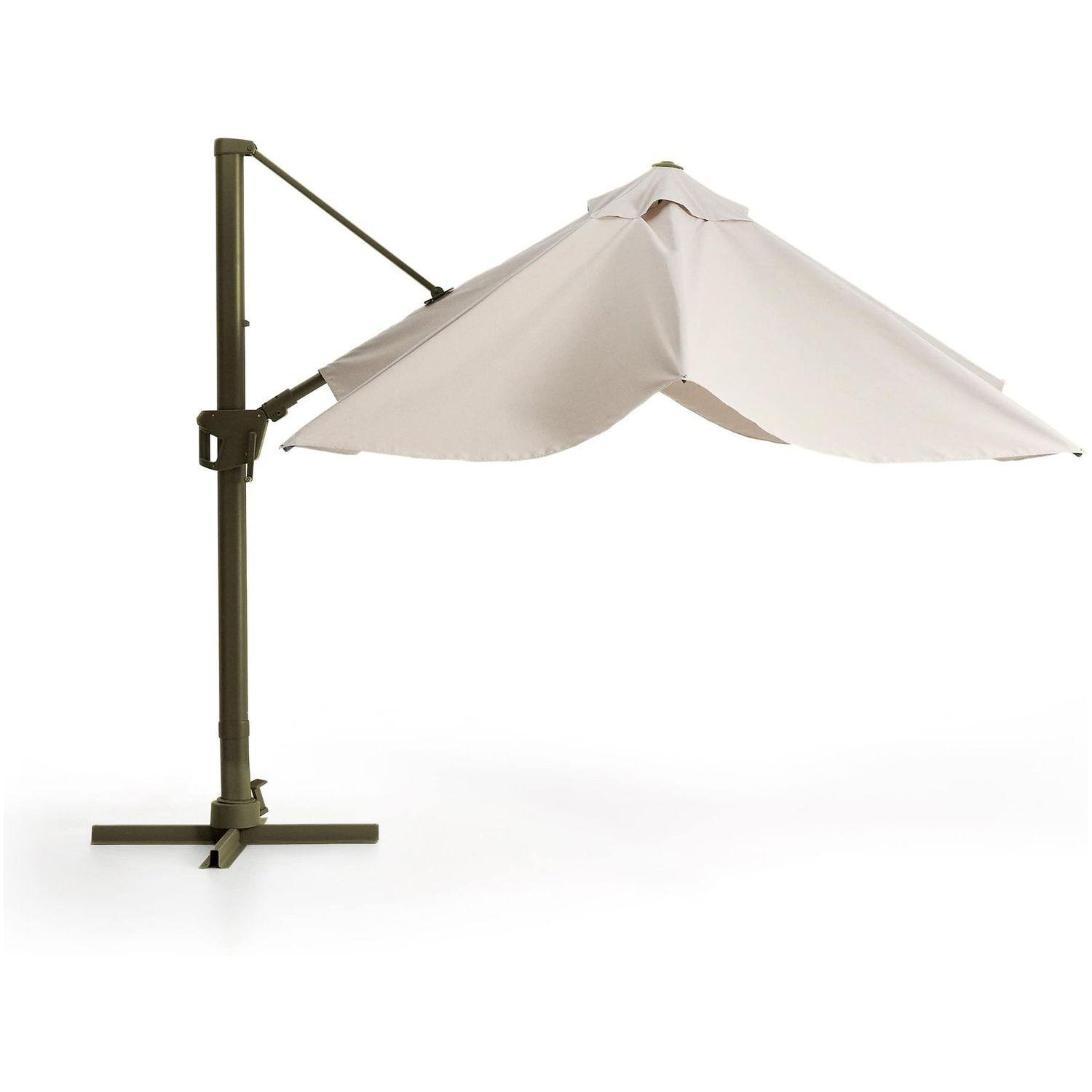 Exzentrischer Sonnenschirm Noli in Beige mit grünem Aluminiumgestell 300x300