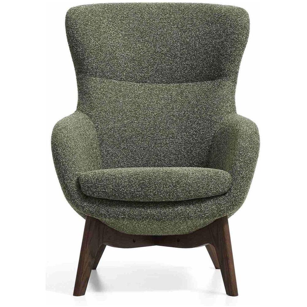 Ohrensessel Adiran dicker Chenille Moosgrün Beinen Eichenholz massiv Nussbaum-Finish