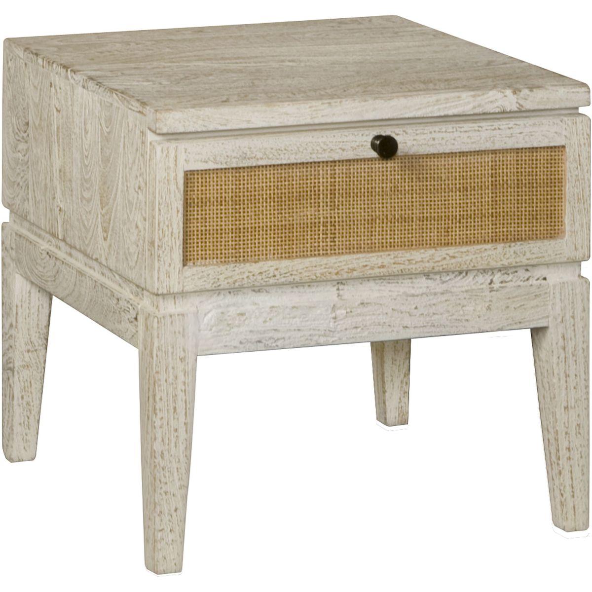 Beistelltisch mit Schublade Venio Mangoholz vintage weiss Geflecht