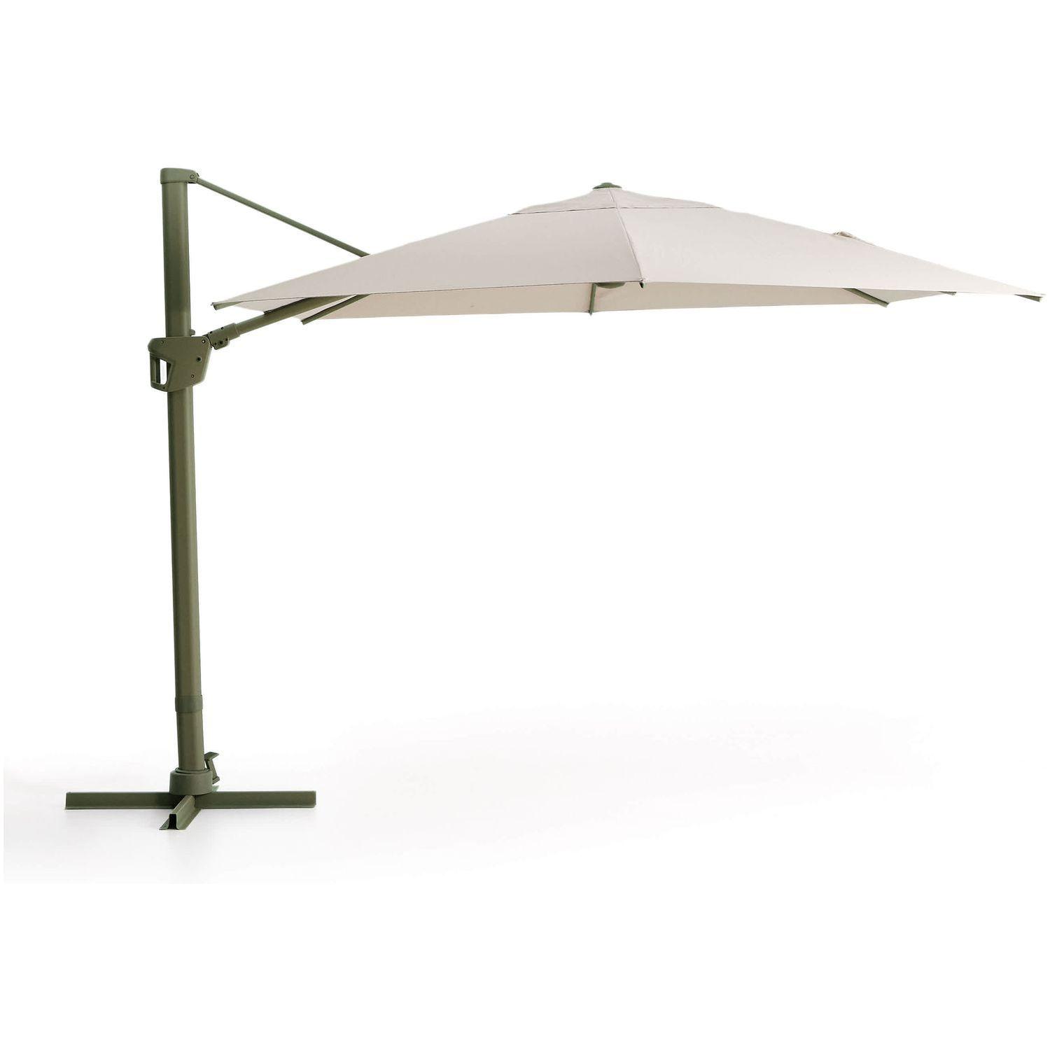 Exzentrischer Sonnenschirm Noli in Beige mit grünem Aluminiumgestell 300x420