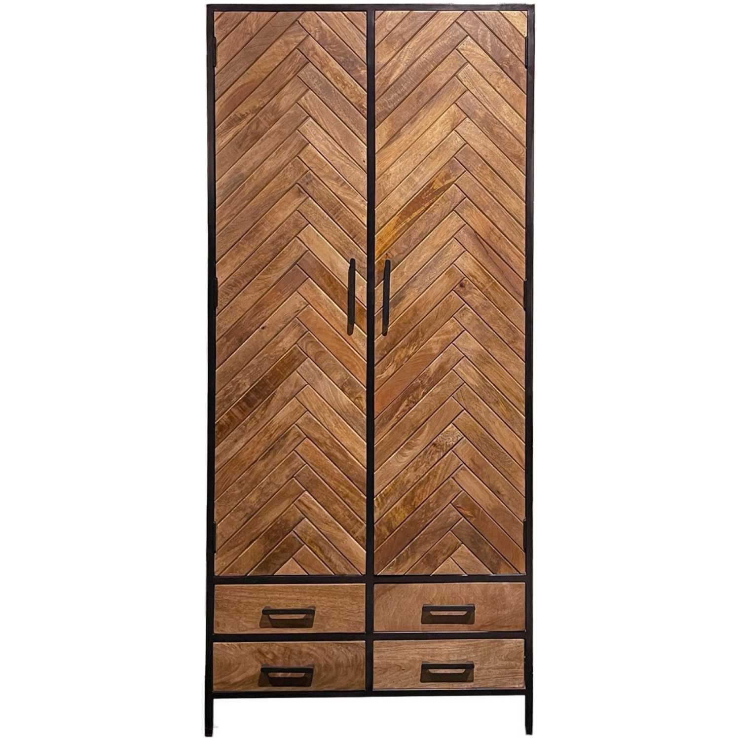 Hochschrank Fischgrät Industrial Mangoholz natur Metall schwarz 90x200