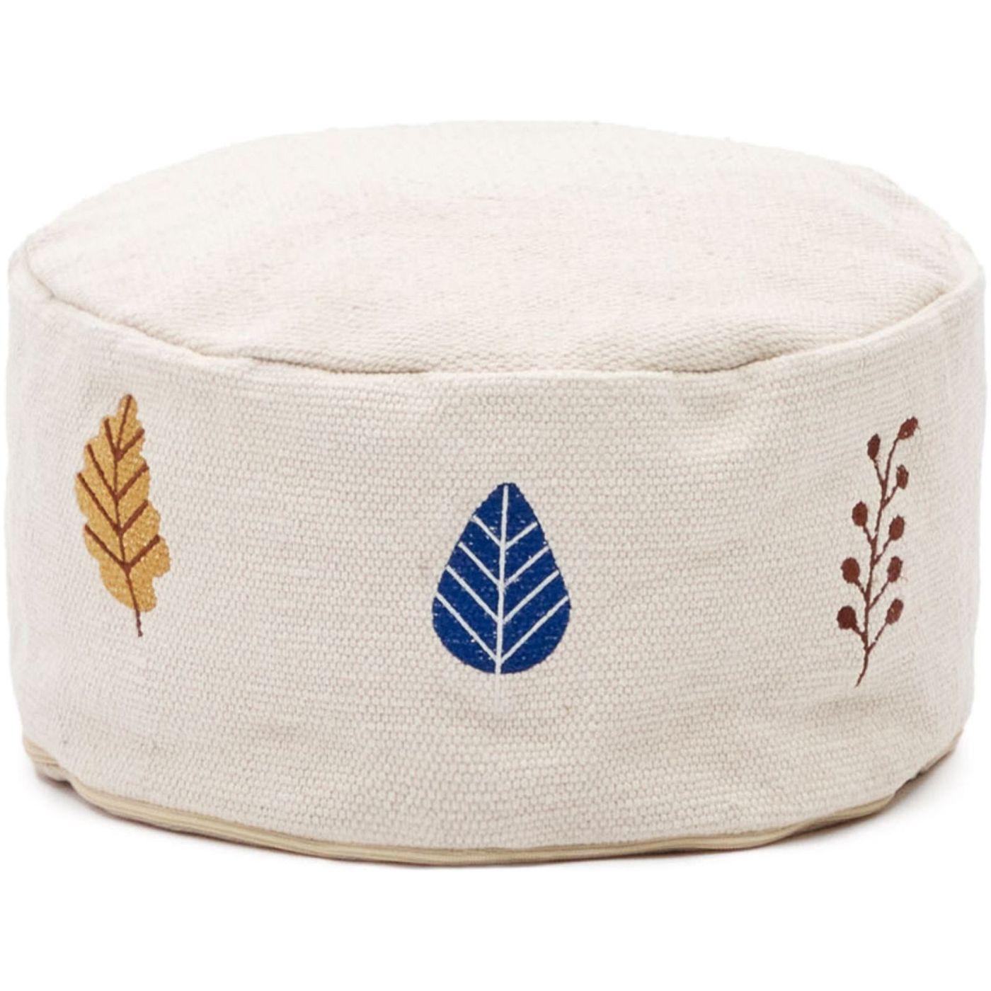 Yanil Puff aus 100% Baumwolle weiss mit bunten Blättern bestickt Ø 40 cm