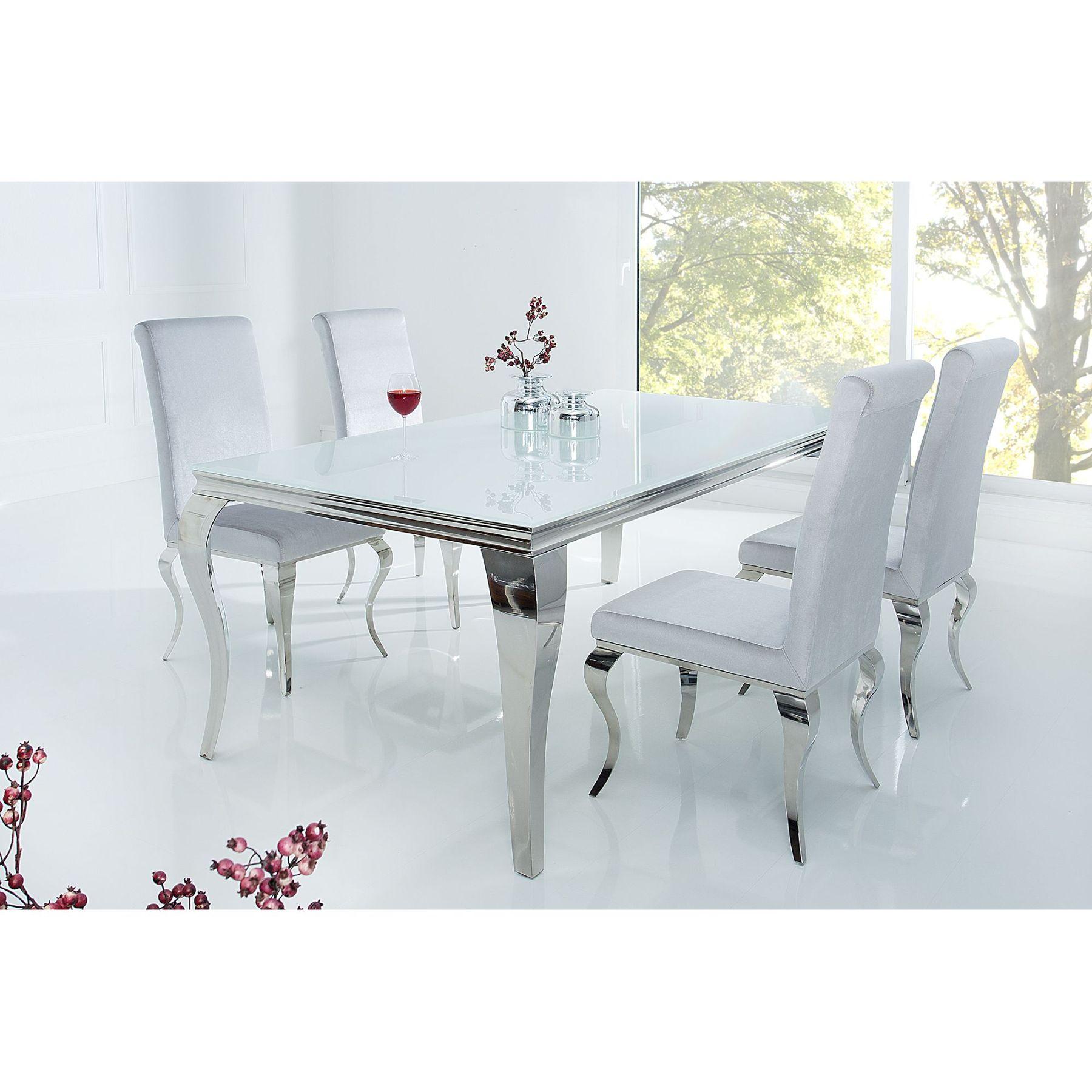 Design Esstisch Pomp Glas weiss Gestell Edelstahl silber - Grösse: 180x90