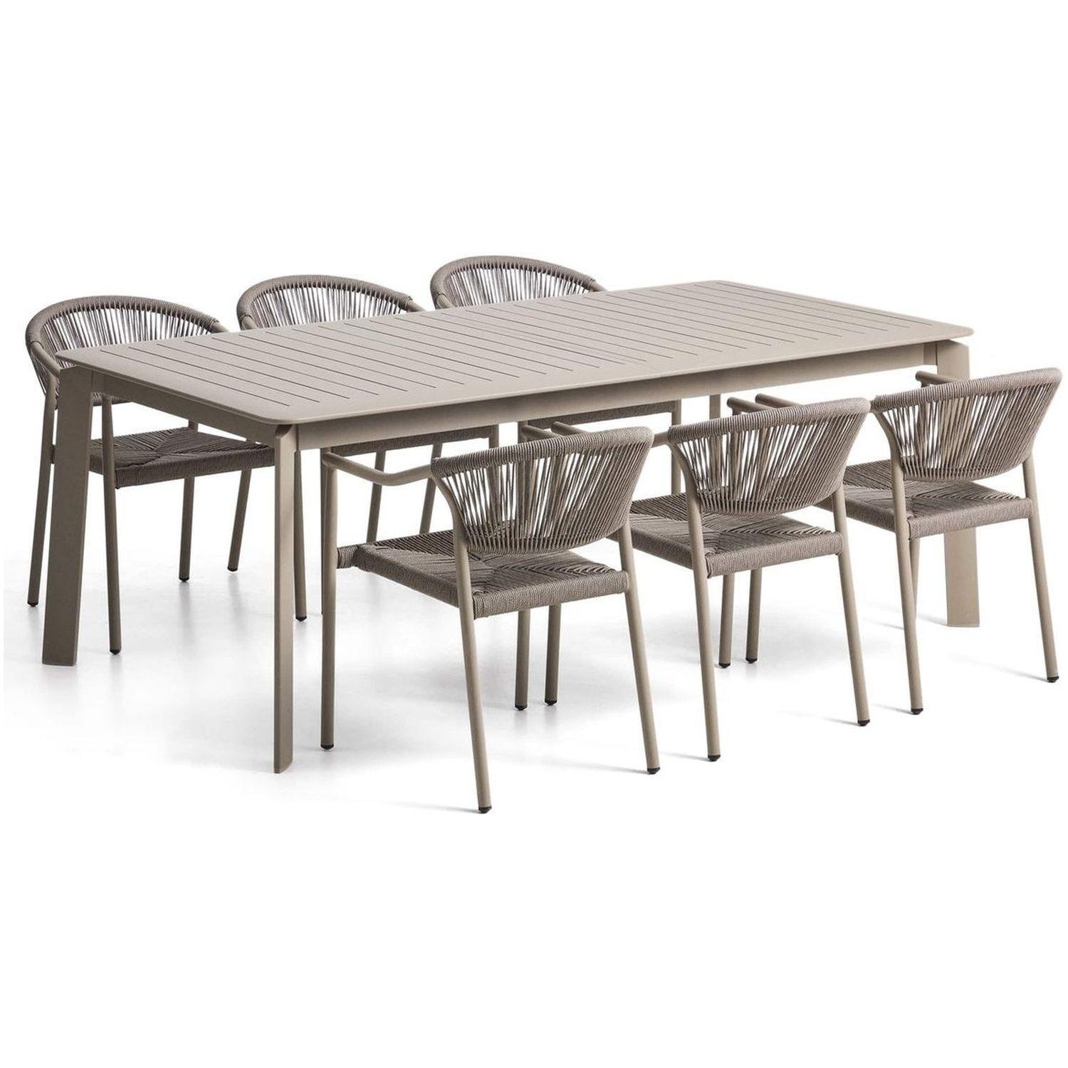 Ausziehtisch Brela aus Aluminium und 6 Stapelstühle Livadia aus Aluminium und taupefarbene