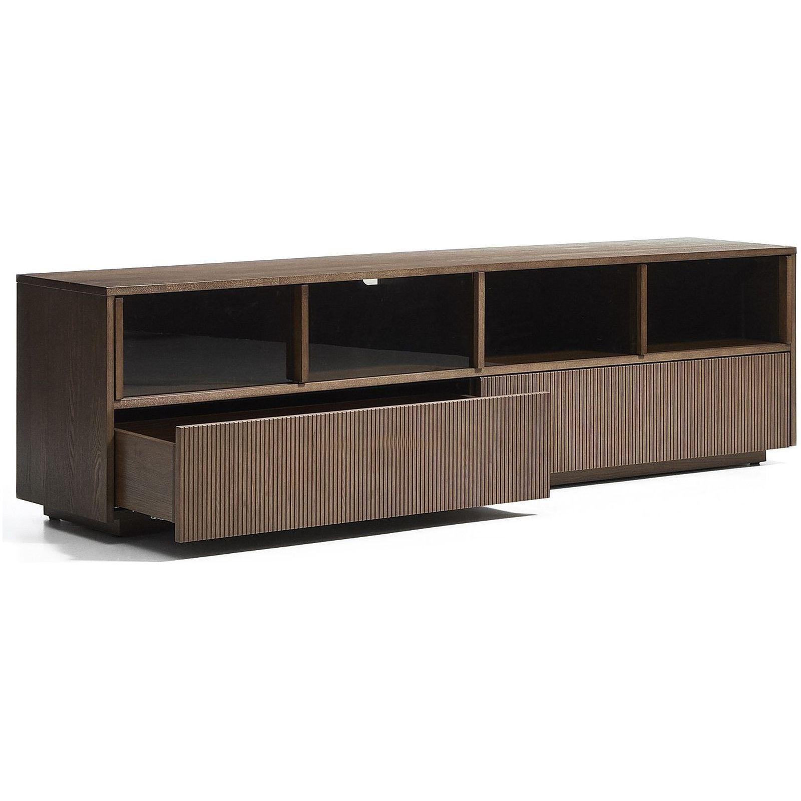 Helvine TV-Möbel 4 Türen und 2 Schubladen Eschenholzfurnier dunkles Nussbaum-Finish und gehärtetem Glas 200x54 FSC 100%
