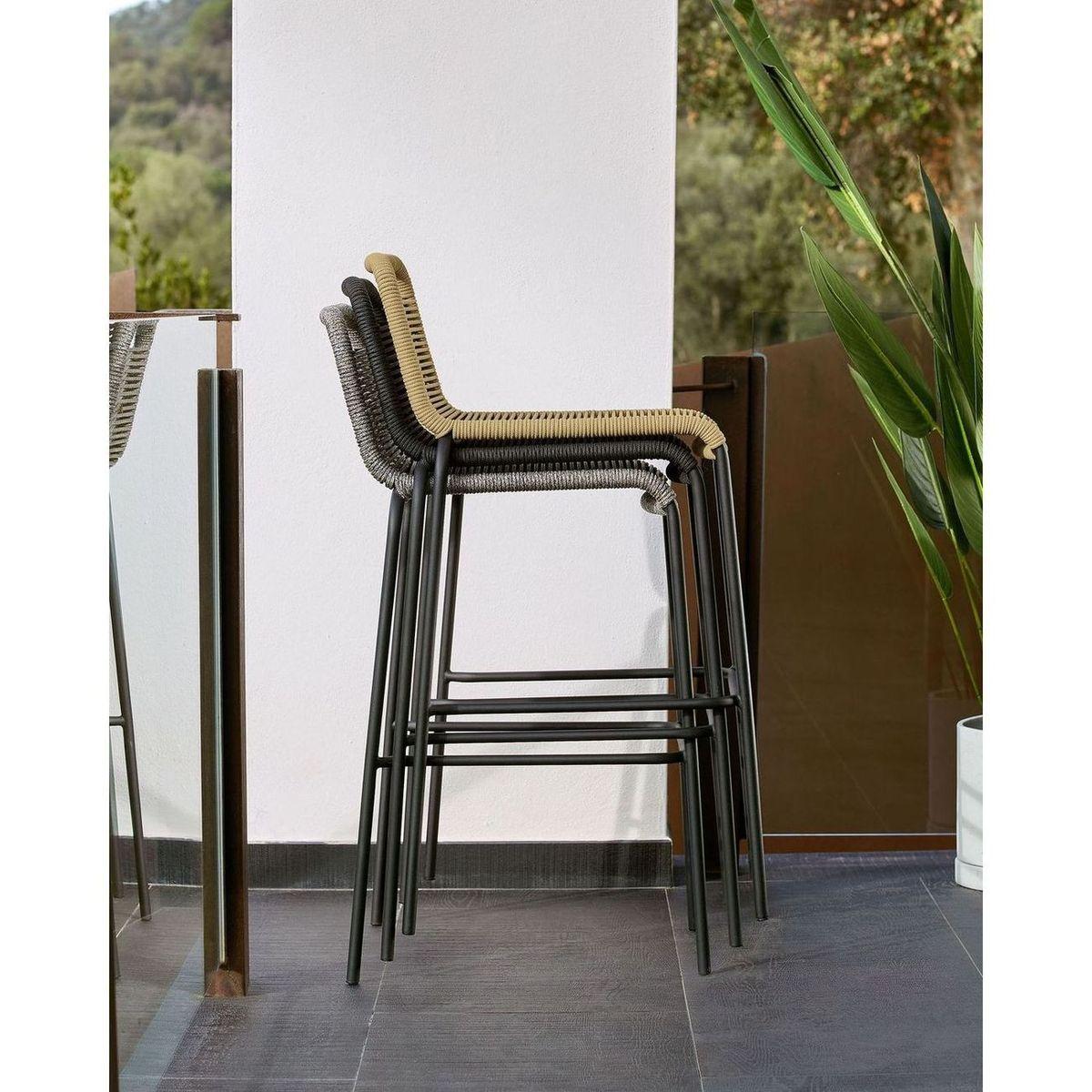 Barhocker Outdoor Garten Lambton aus schwarzem Seil und Stahl mit schwarzem Finish Höhe 62 cm