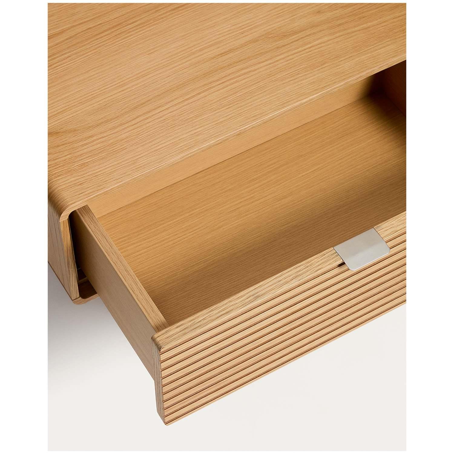 Bett Norlen mit 2 Nachttischen aus Eichenfurnier mit naturfarbenem Finish und LED-Licht für Matratzen 180x200 FSC Mix Credit