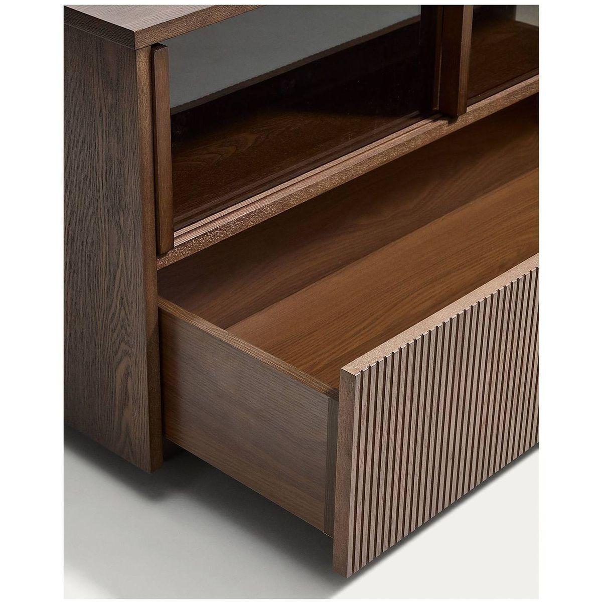 Helvine TV-Möbel 4 Türen und 2 Schubladen Eschenholzfurnier dunkles Nussbaum-Finish und gehärtetem Glas 200x54 FSC 100%