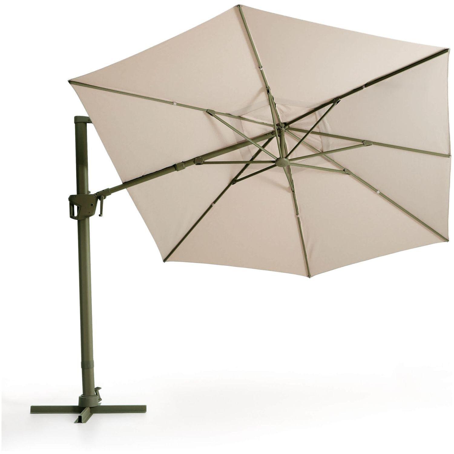Exzentrischer Sonnenschirm Noli in Beige mit grünem Aluminiumgestell 300x420