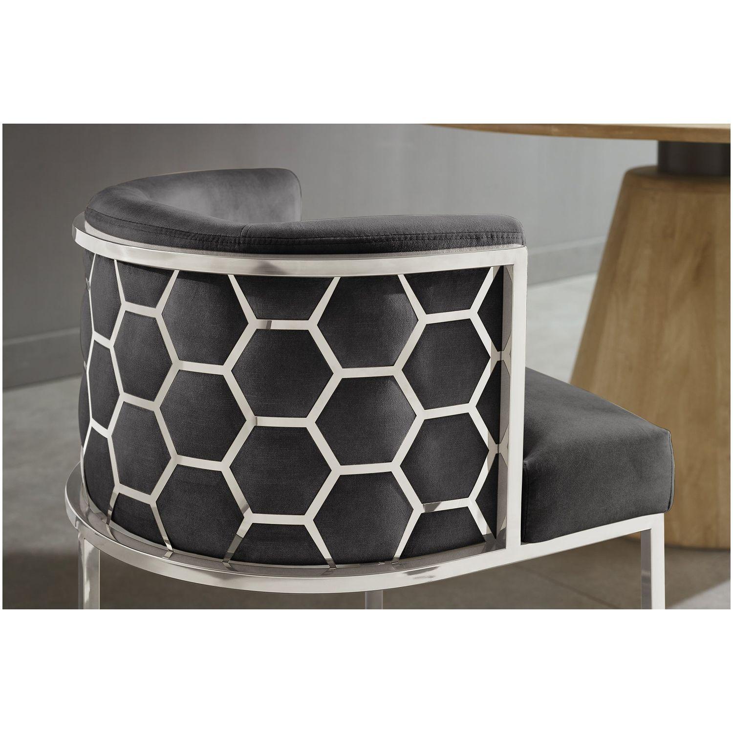 Design Armlehnstuhl Monaco Samt Stoff grau Edelstahl silber