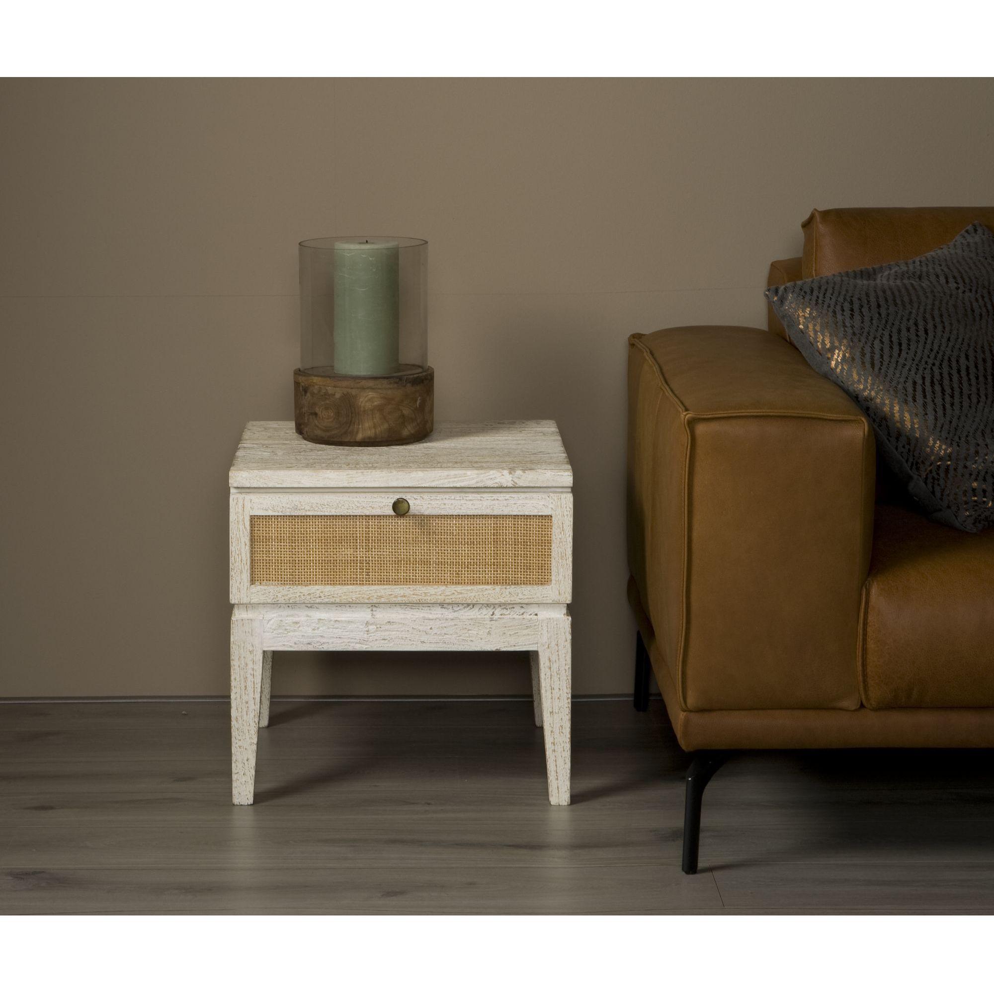 Beistelltisch mit Schublade Venio Mangoholz vintage weiss Geflecht