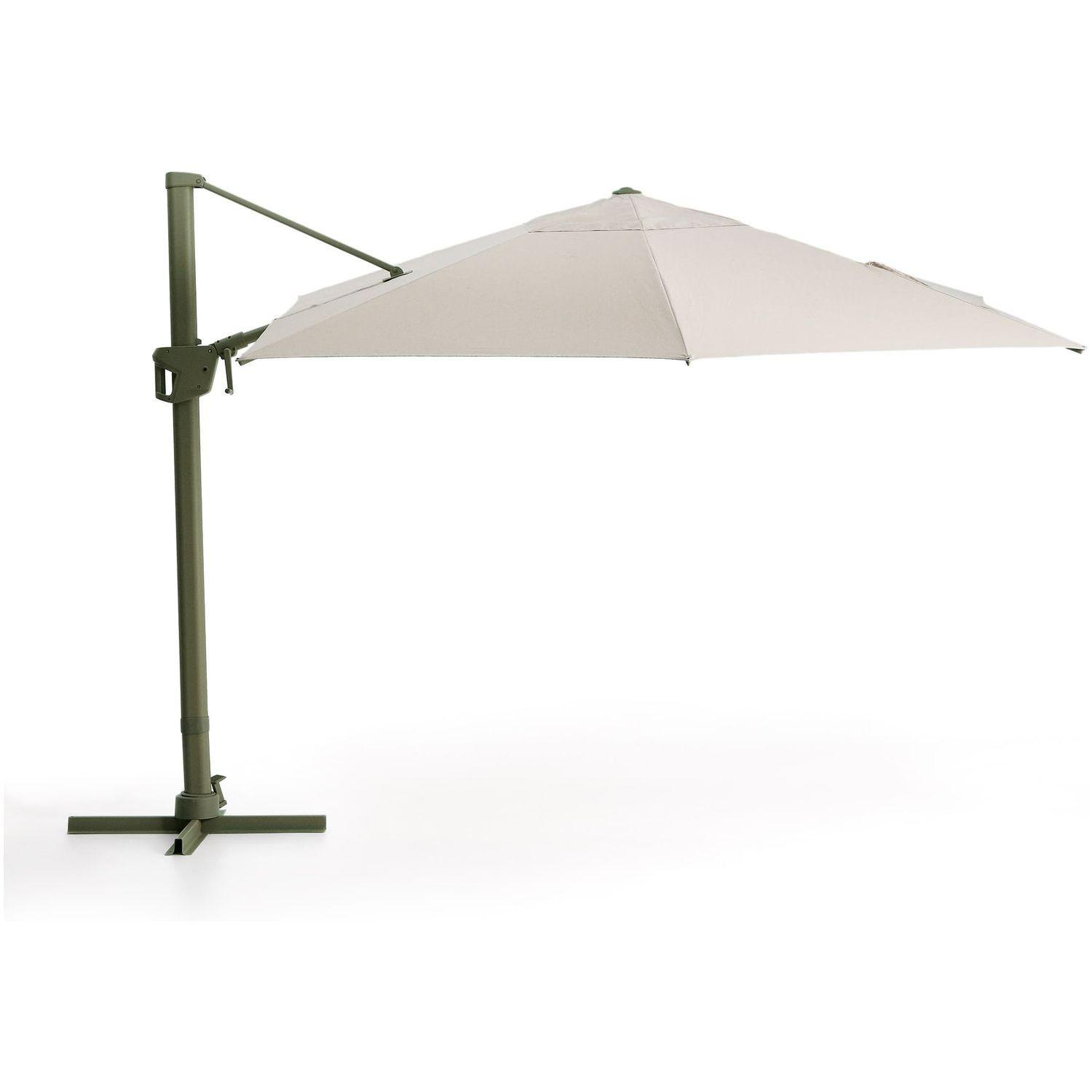 Exzentrischer Sonnenschirm Noli in Beige mit grünem Aluminiumgestell 300x420