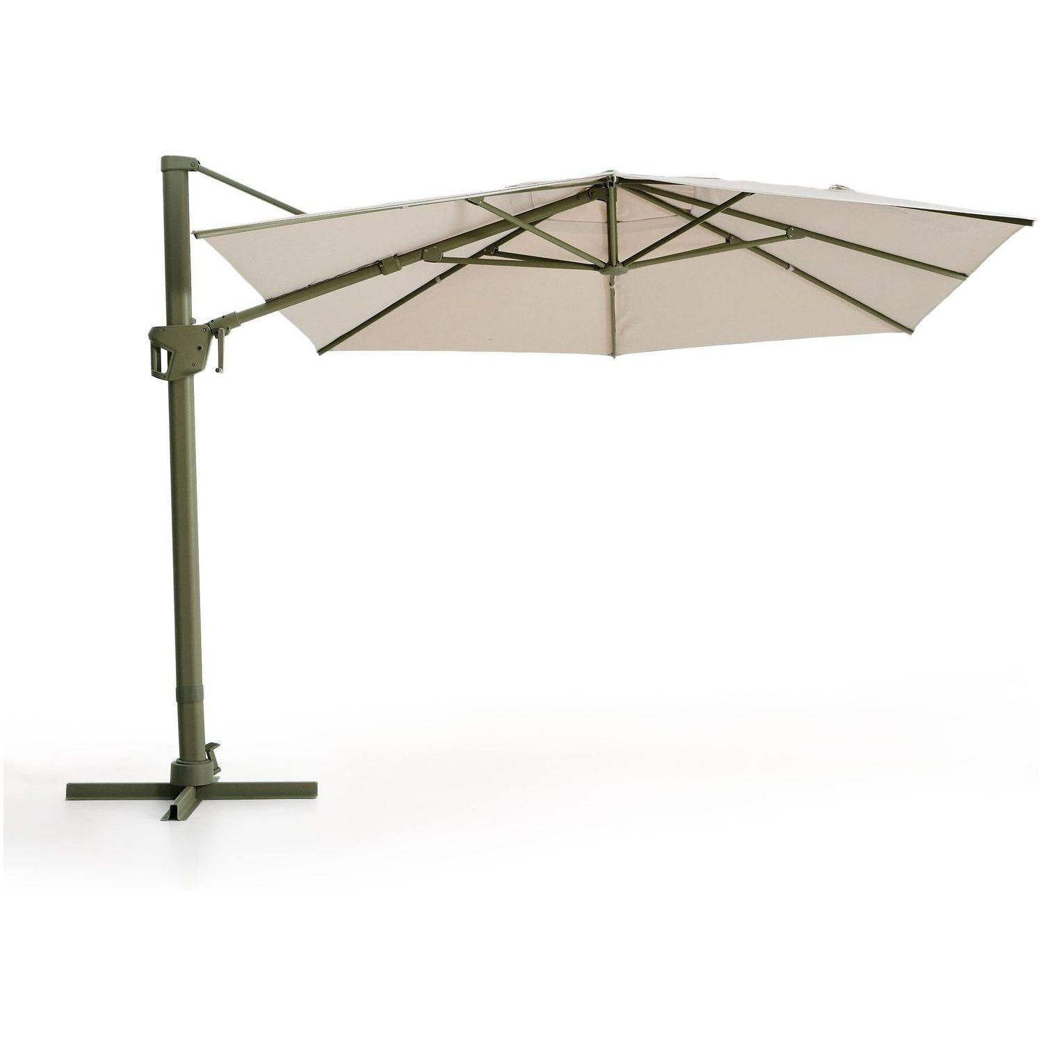 Exzentrischer Sonnenschirm Noli in Beige mit grünem Aluminiumgestell 300x420