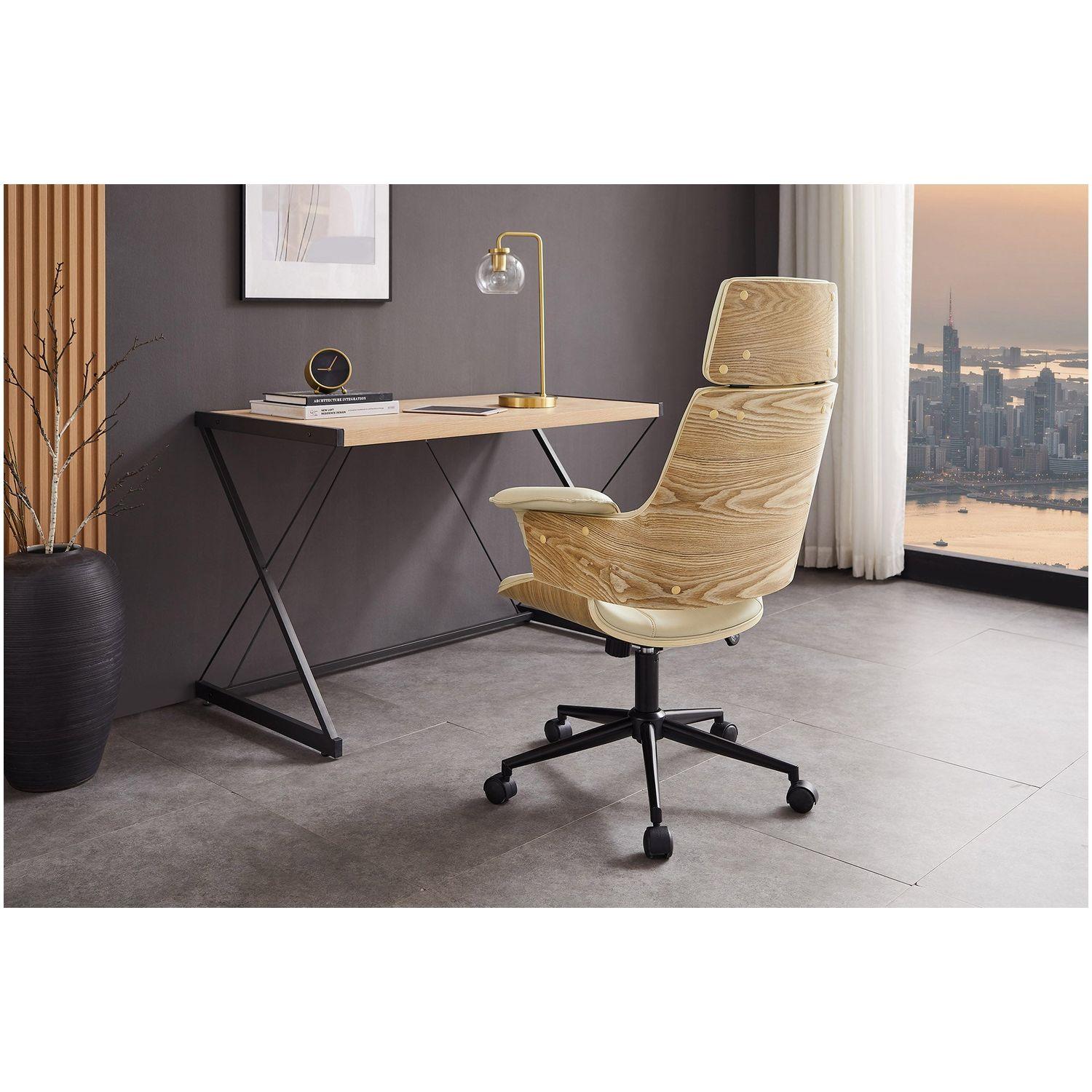 Bürodrehstuhl Capone Kunstleder creme-beige Rücken Eichenholzfurnier