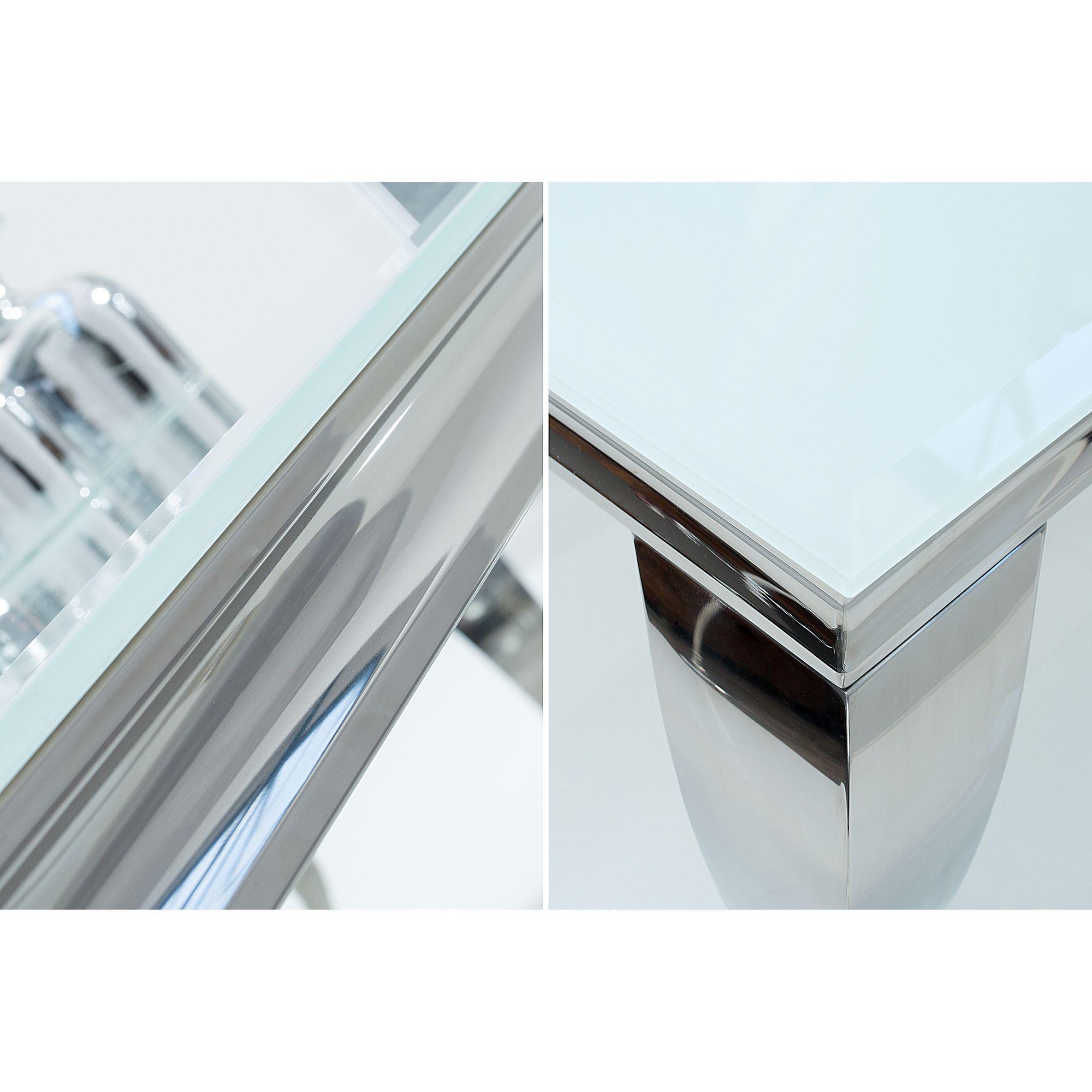 Design Esstisch Pomp Glas weiss Gestell Edelstahl silber - Grösse: 180x90