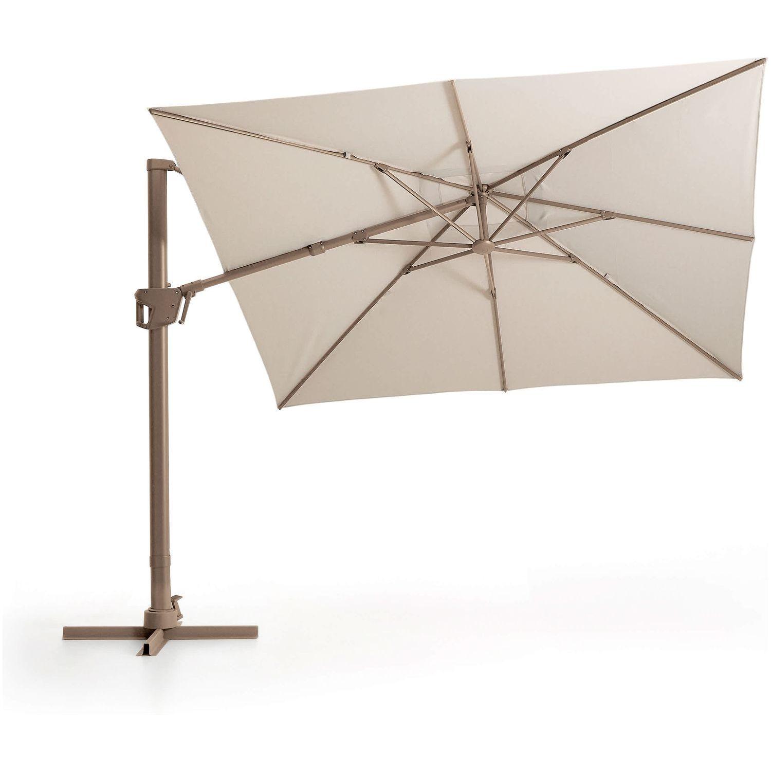 Exzentrischer Sonnenschirm Noli in Beige mit taupefarbenem Aluminiumgestell 300x300