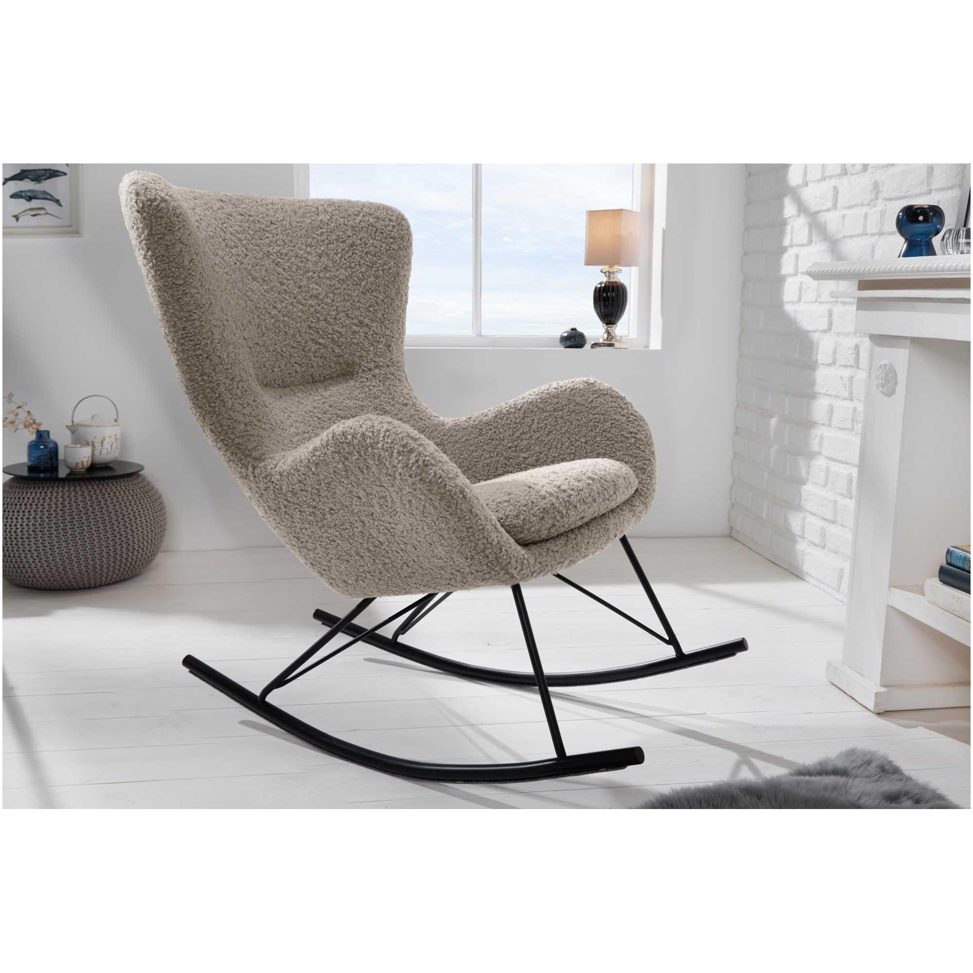 Schaukelstuhl Schaukelsessel Norway Swing Bouclé Stoff champagne greige