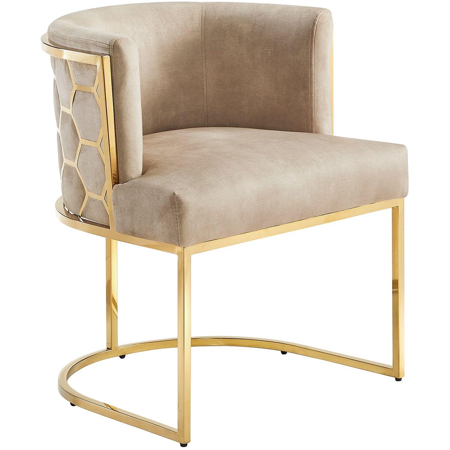 Design Armlehnstuhl Monaco Samt Stoff beige Edelstahl gold