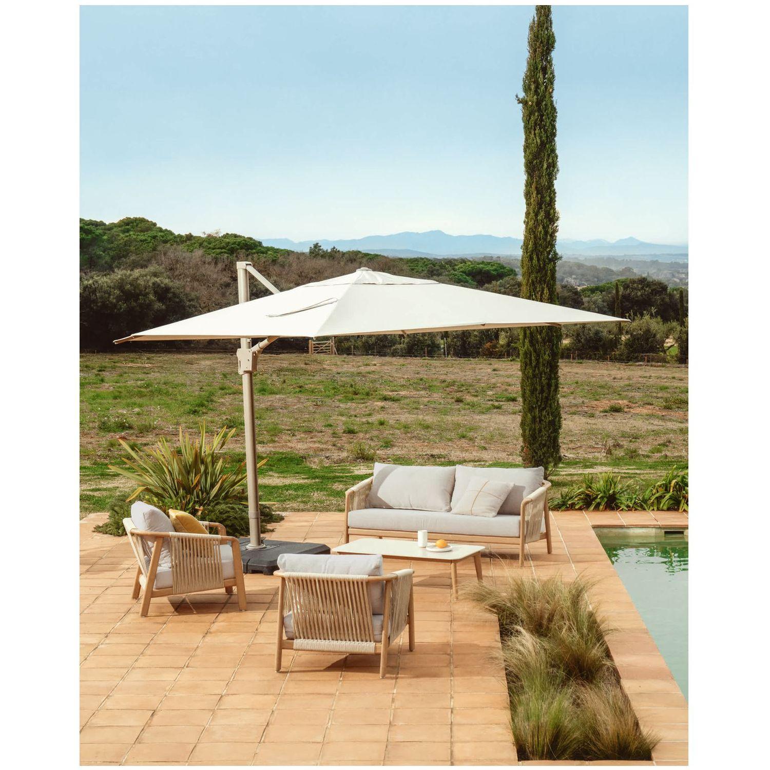 Exzentrischer Sonnenschirm Noli in Beige mit taupefarbenem Aluminiumgestell 300x300