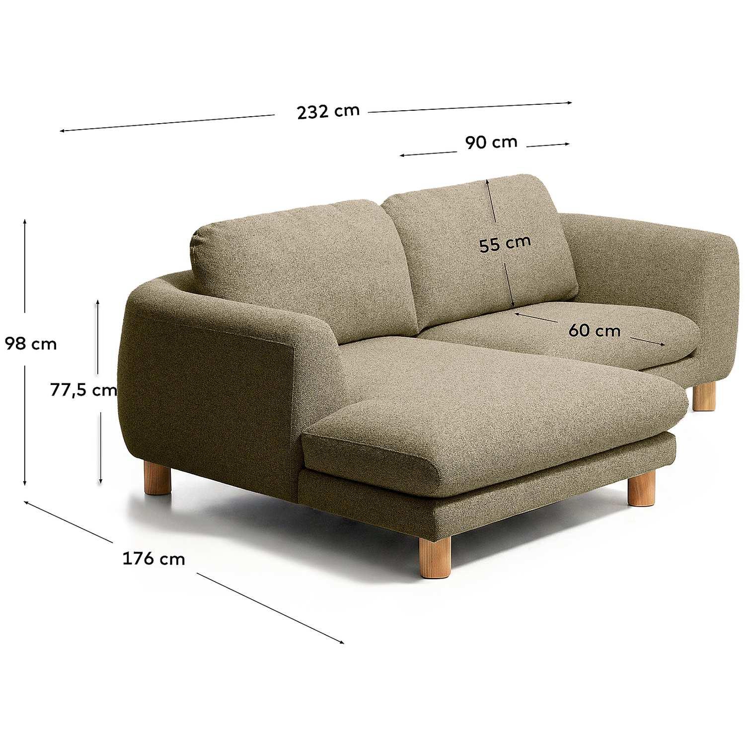 3-Sitzer Sofa Vera mit Chaiselongue links in olivgrün mit Beinen aus massivem Eschenholz mit natürlichem Finish 232x176 FSC Mix Credit