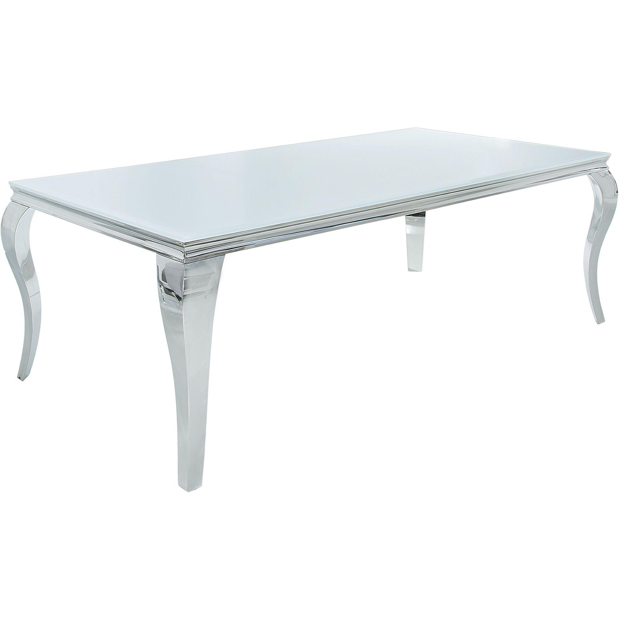 Design Esstisch Pomp Glas weiss Gestell Edelstahl silber - Grösse: 180x90