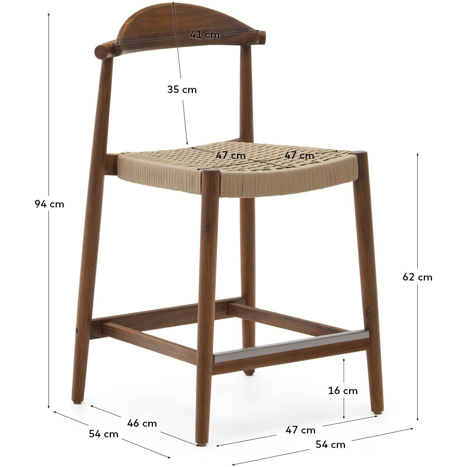 Barhocker aus Holz Nina Akazie Nussbaumfarbig Seil beige Sitzhöhe 62cm