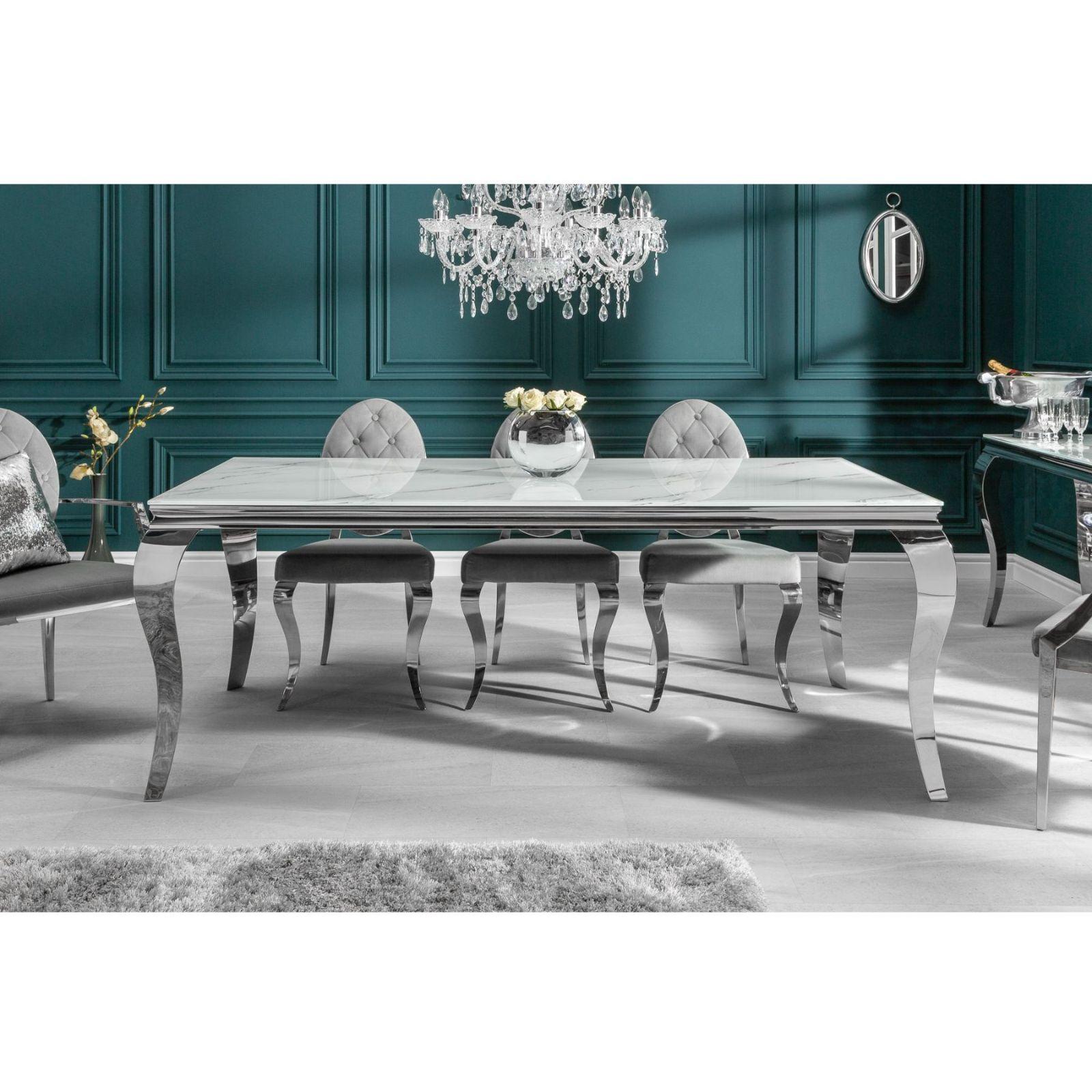 Design Esstisch Pomp Glas Marmor-Optik Gestell Edelstahl silber - Grösse: 180x90
