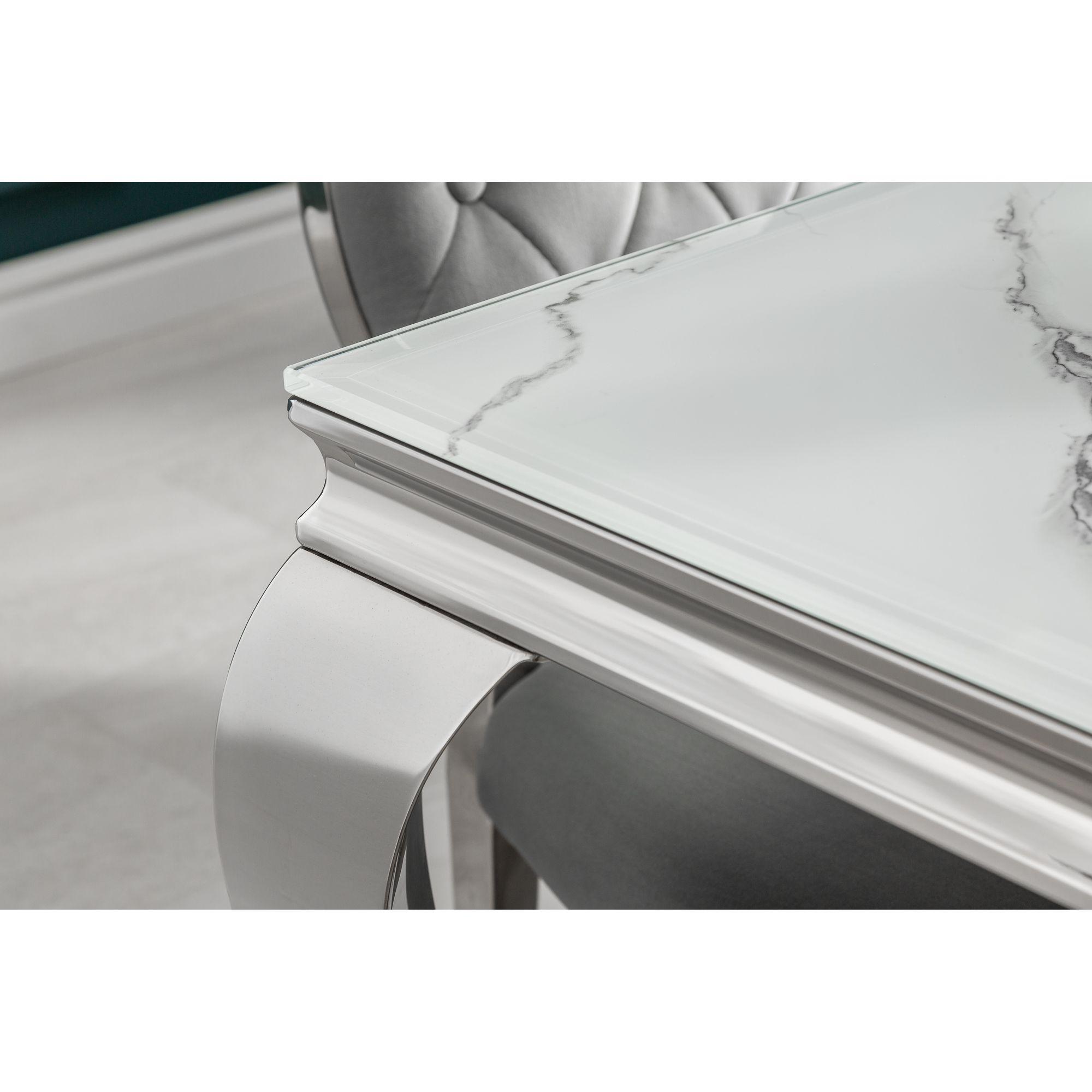 Design Esstisch Pomp Glas Marmor-Optik Gestell Edelstahl silber - Grösse: 180x90
