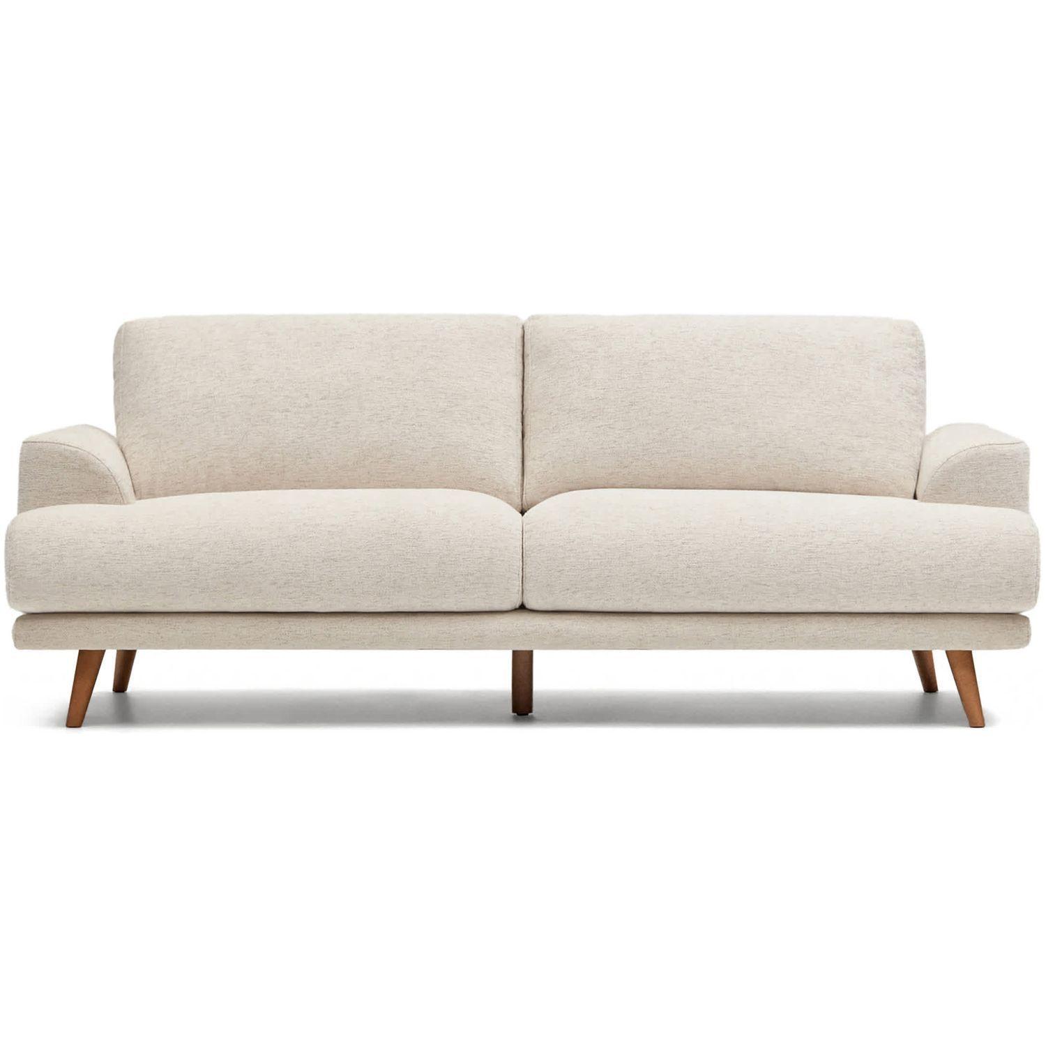 2-Sitzer-Sofa Karin aus beiger Chenille mit Beinen aus massivem Buchenholz walnussfarbig