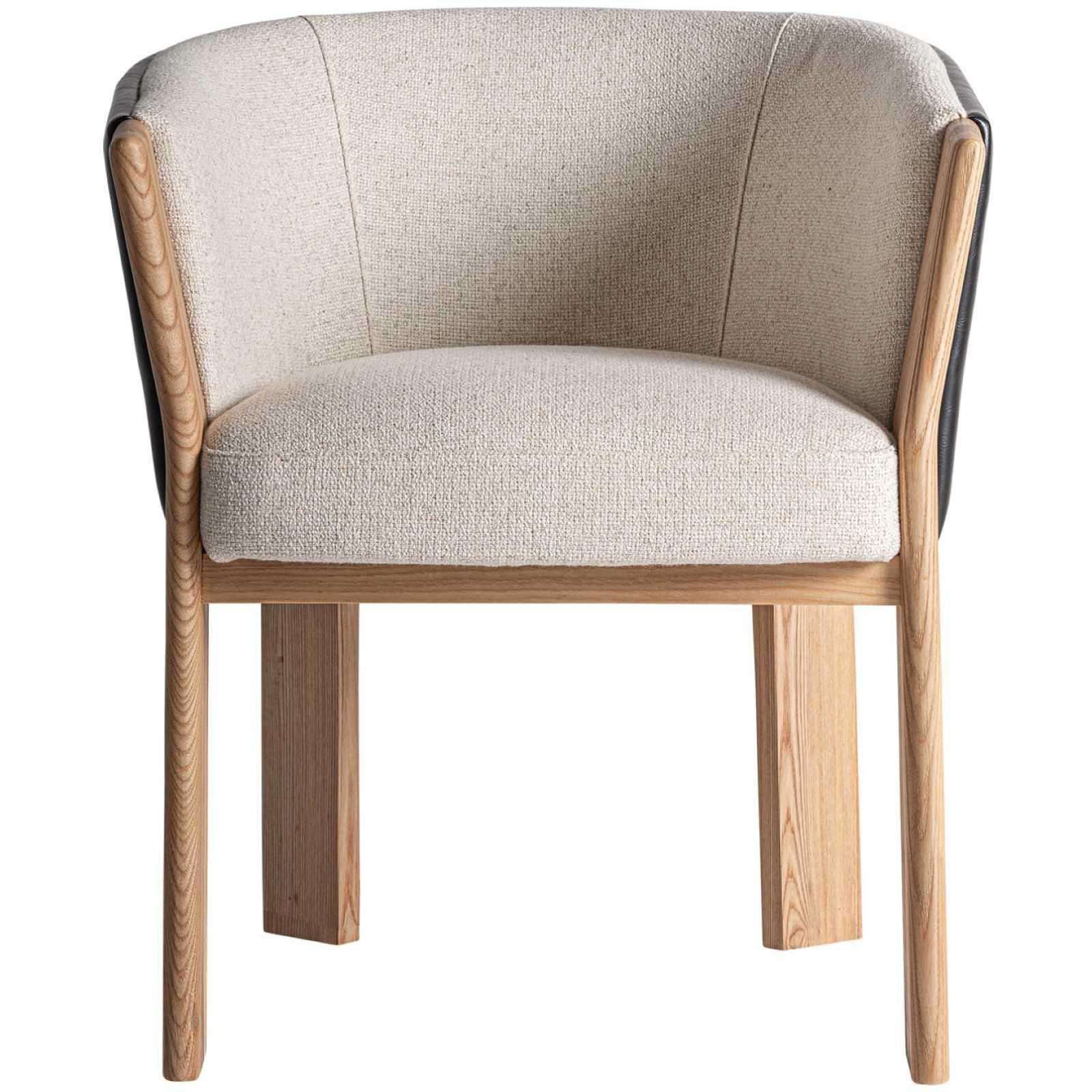 Design Holzstuhl mit Armlehne rund Nara Stoff beige Echtleder Eichenholz natur