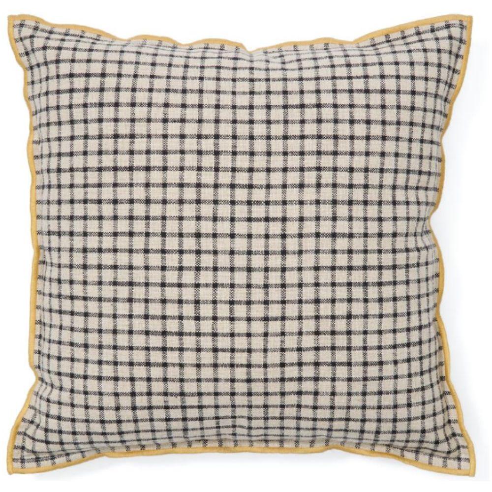 Kissenbezug Airi Leinen und Baumwolle mit Karomuster beige und Kontrastpaspel gelb 45x45