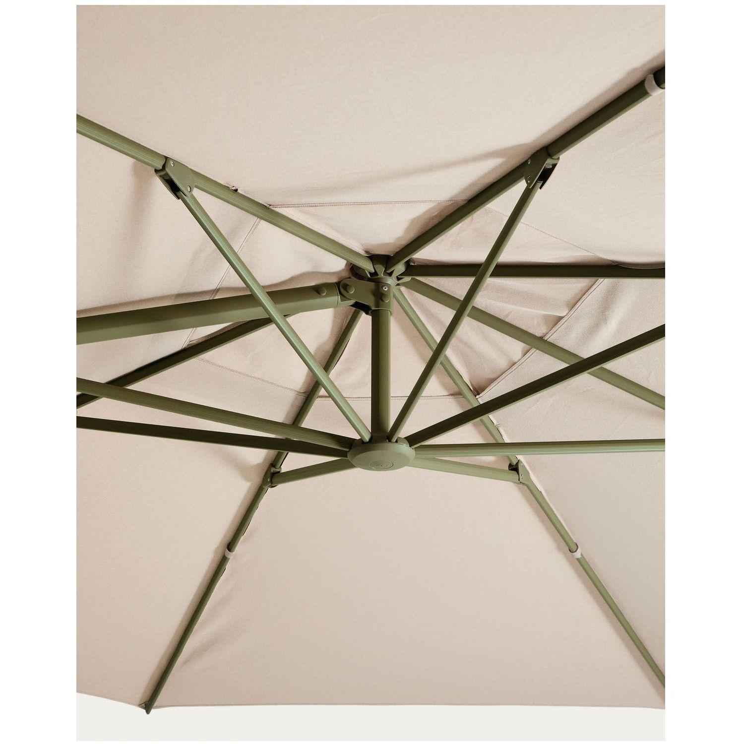 Exzentrischer Sonnenschirm Noli in Beige mit grünem Aluminiumgestell 300x300
