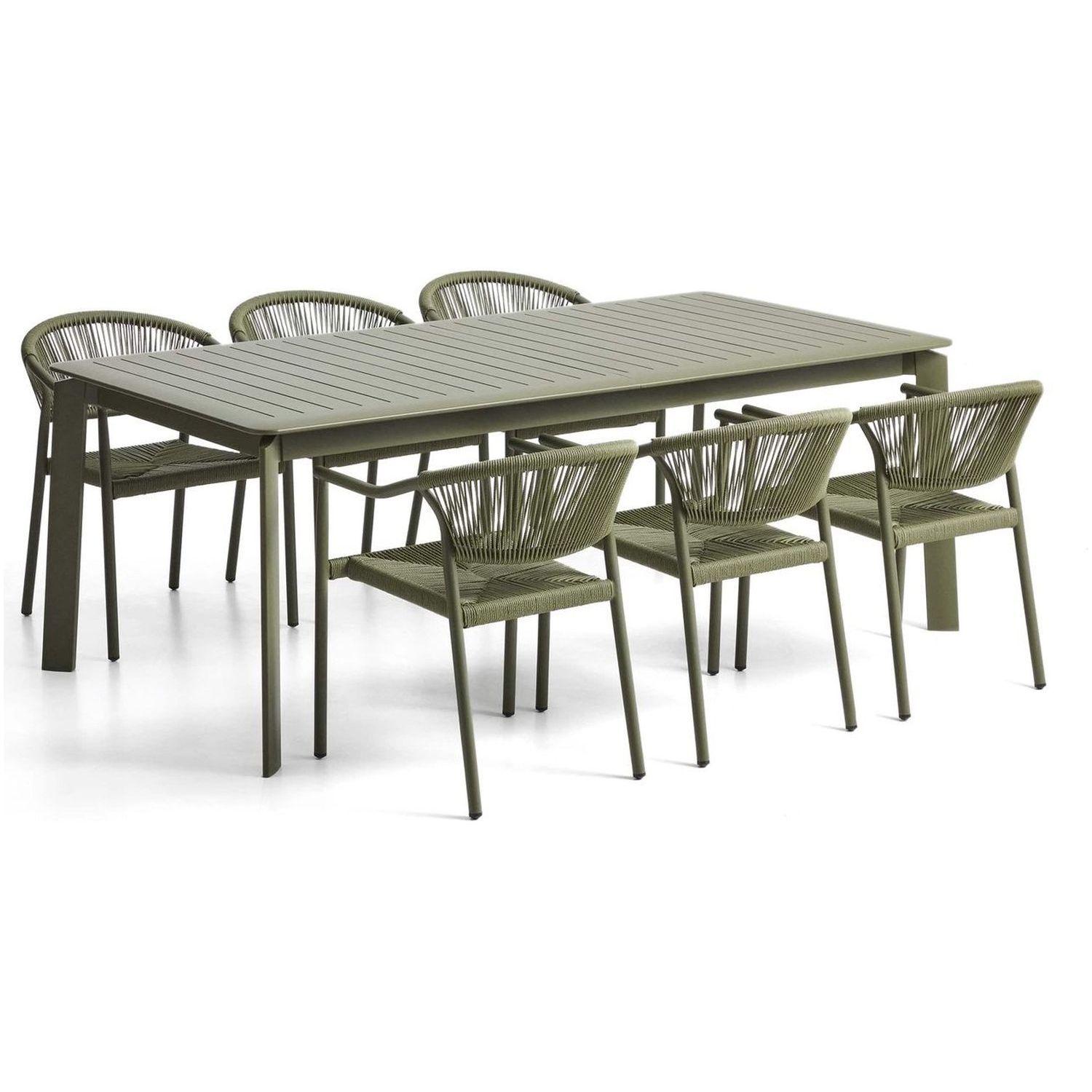 Ausziehtisch Brela aus Aluminium und 6 Stapelstühle Livadia aus Aluminium und grünem Kunst