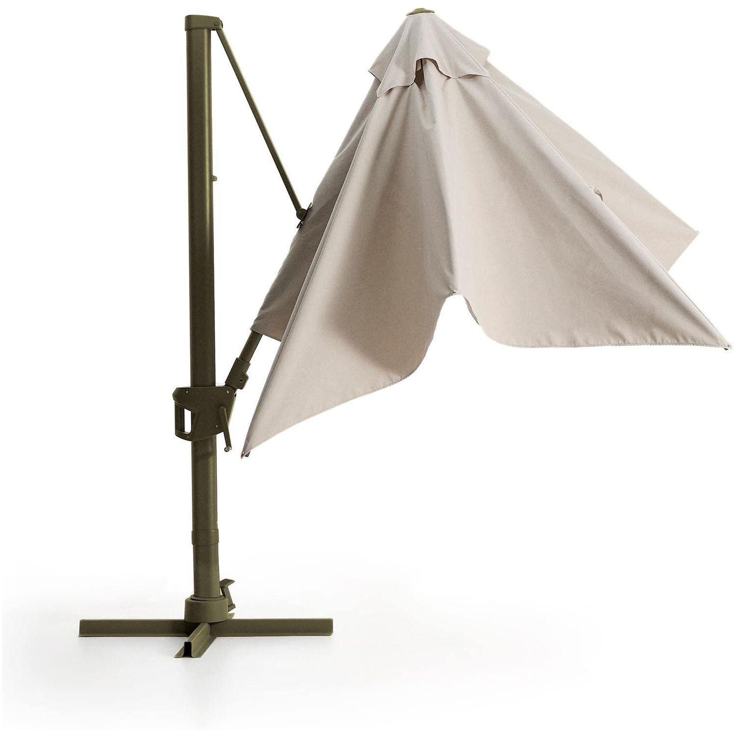 Exzentrischer Sonnenschirm Noli in Beige mit grünem Aluminiumgestell 300x300