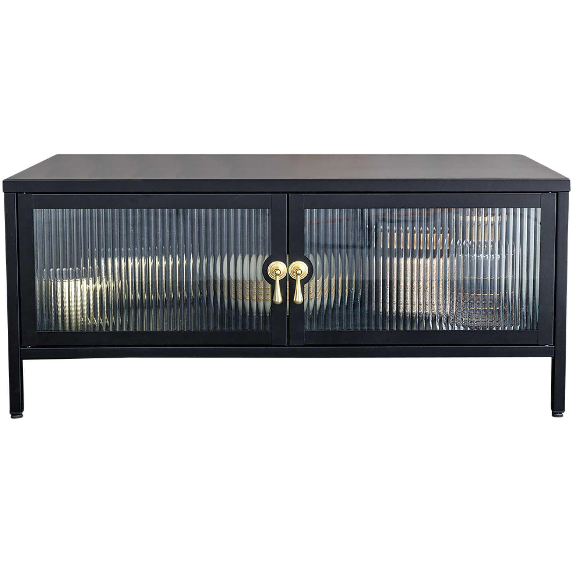 Standvitrine Lowboard London Metall schwarz geriffeltes Glas 90