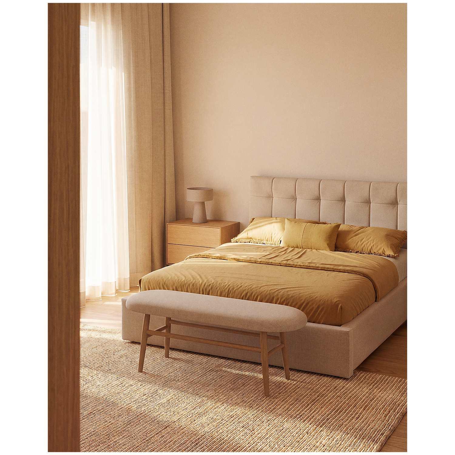 Bank Helda in beiger Chenille und massivem Eichenholz FSC Mix Credit 122