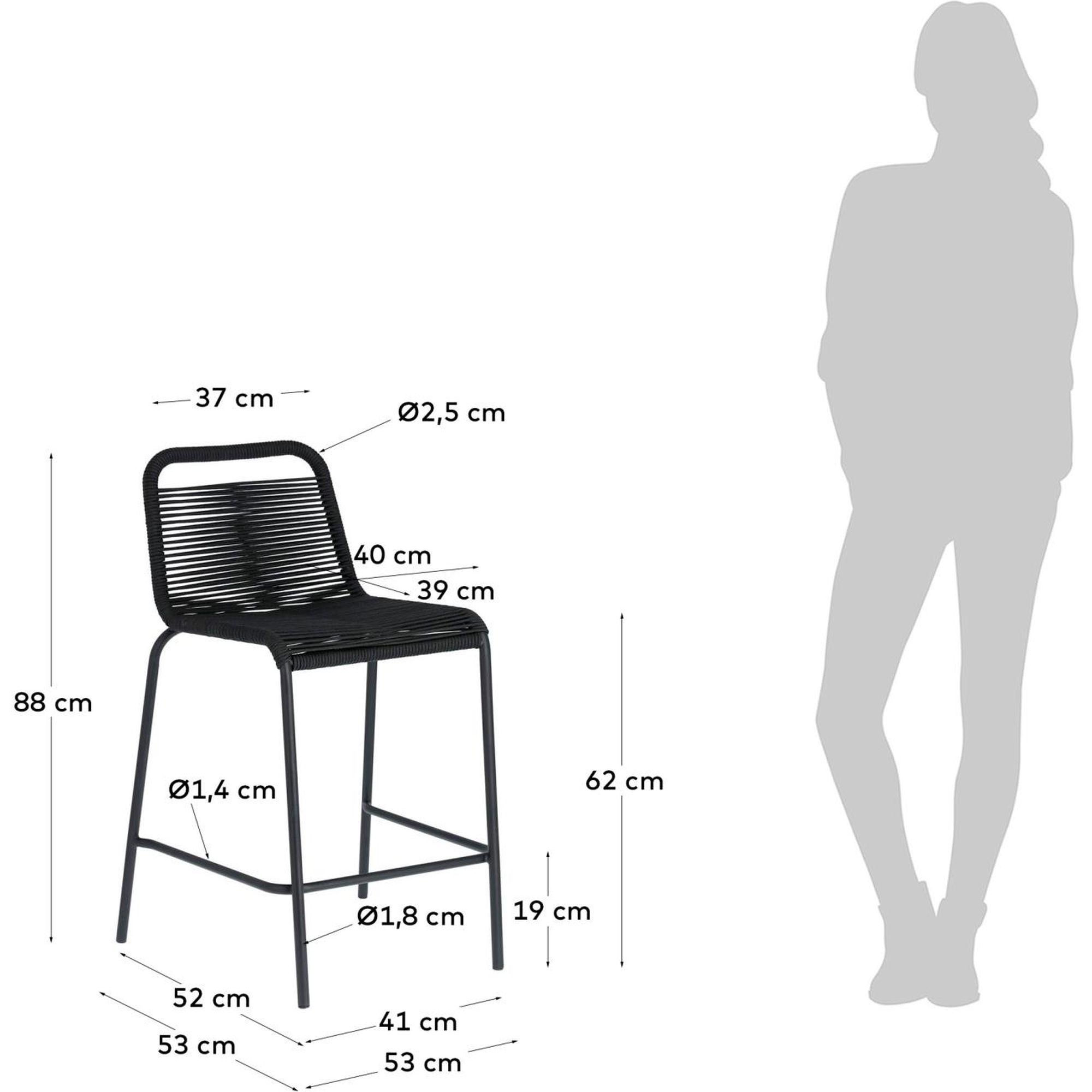 Barhocker Outdoor Garten Lambton aus schwarzem Seil und Stahl mit schwarzem Finish Höhe 62 cm