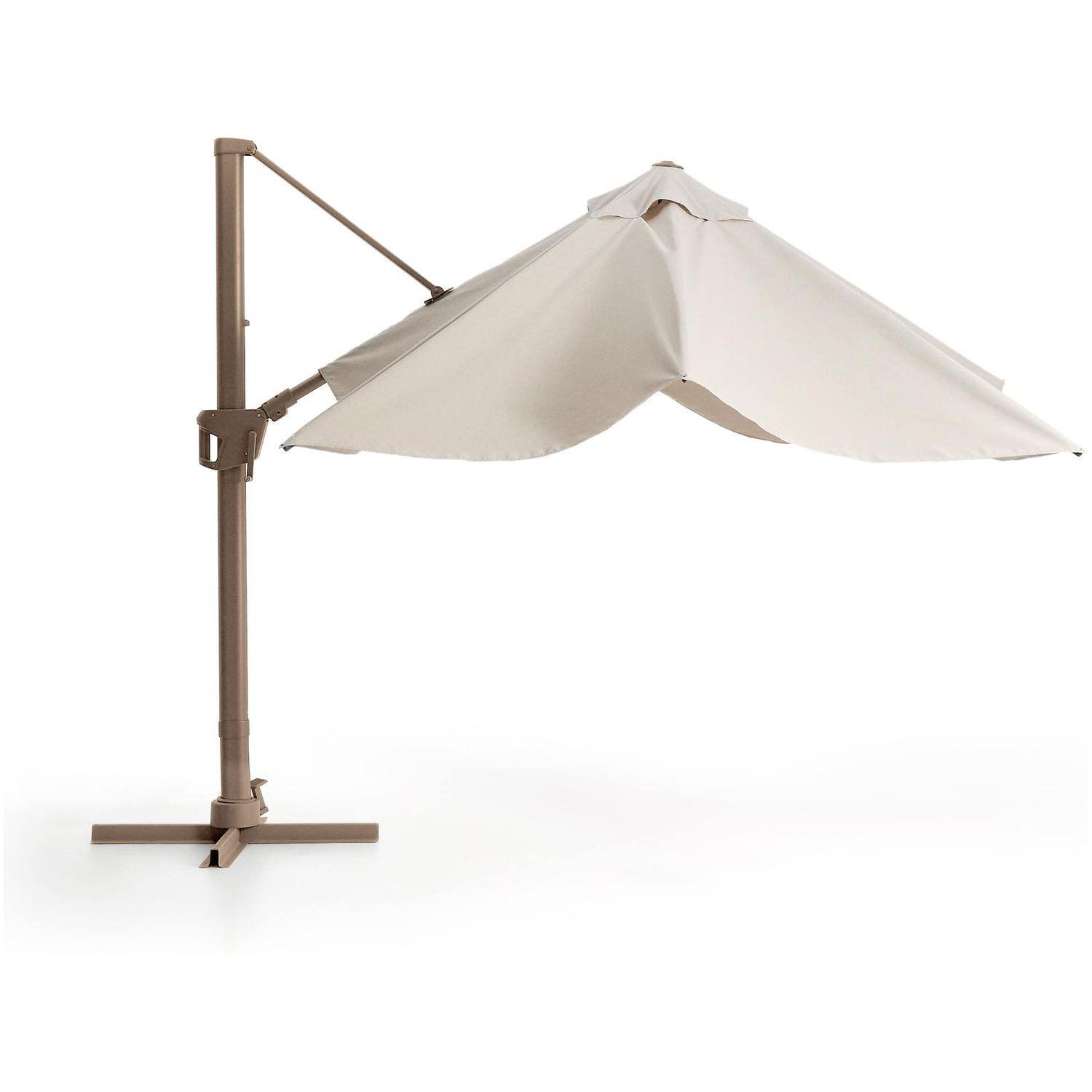 Exzentrischer Sonnenschirm Noli in Beige mit taupefarbenem Aluminiumgestell 300x300