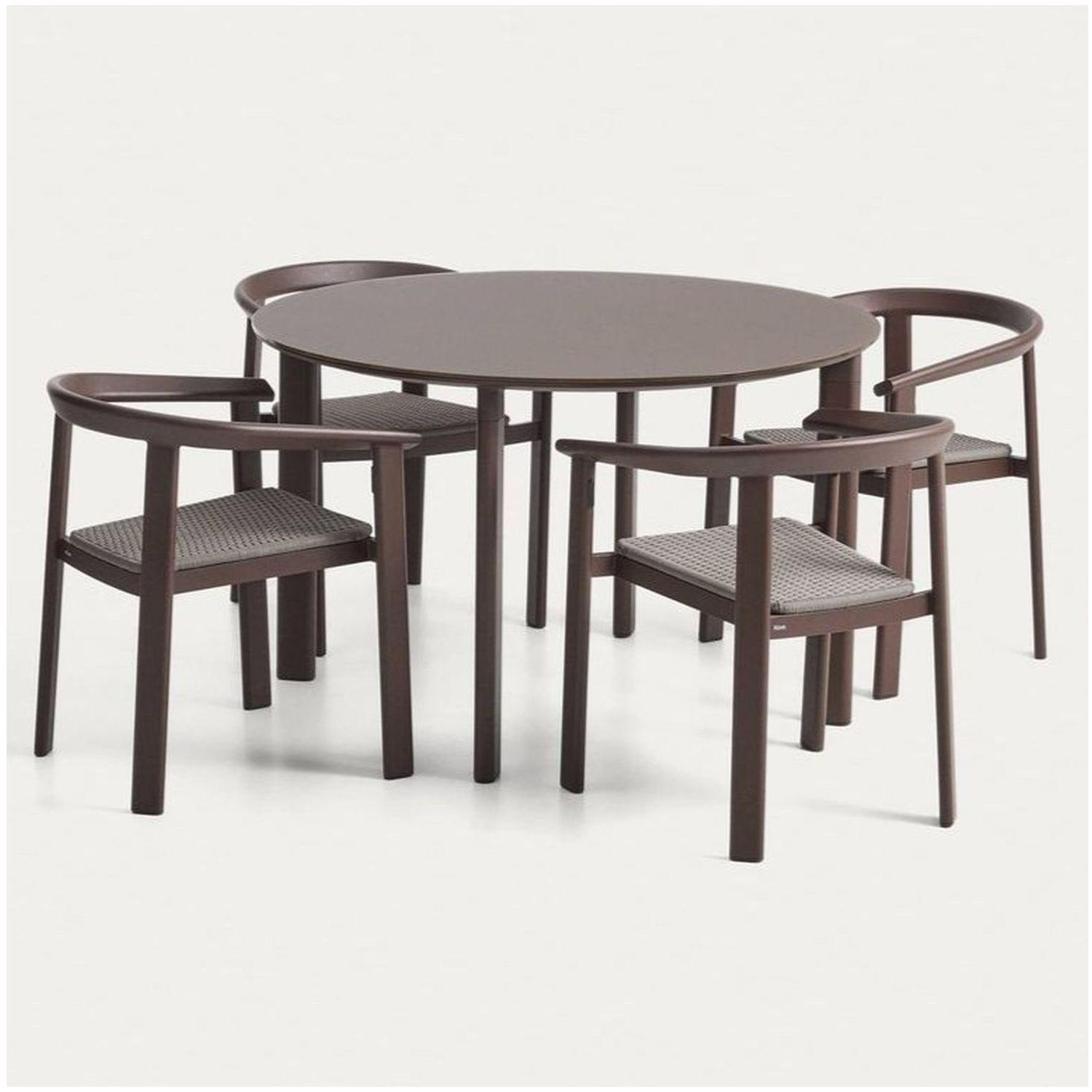 Set Erice mit 4 Stapelstühlen aus Aluminium und Seil und einem Tisch aus Aluminium und gehärtetem Glas in Braun