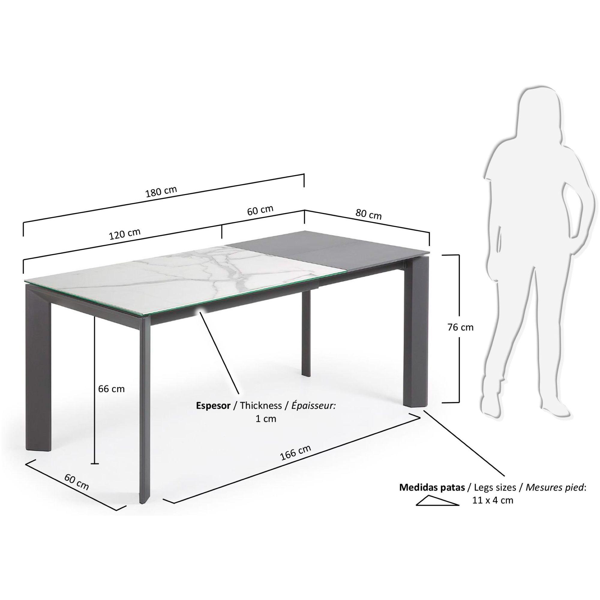 Ausziehtisch Axis 120-180x80 Keramikglas Kalos Weiss Stahlbeine dunkelgrau